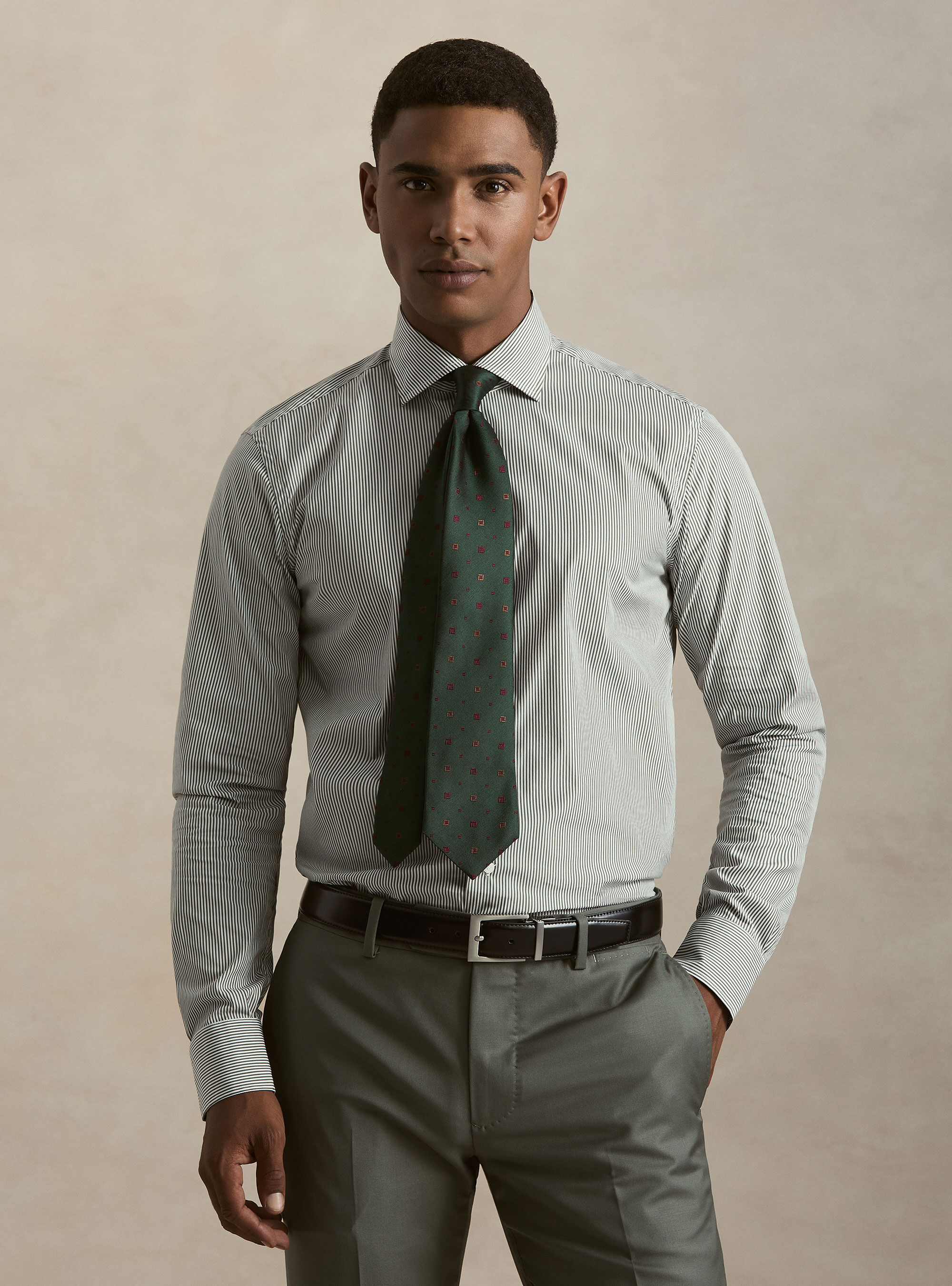 Camisa de rayas de popel&iacute;n de algod&oacute;n el&aacute;stico, VERDE