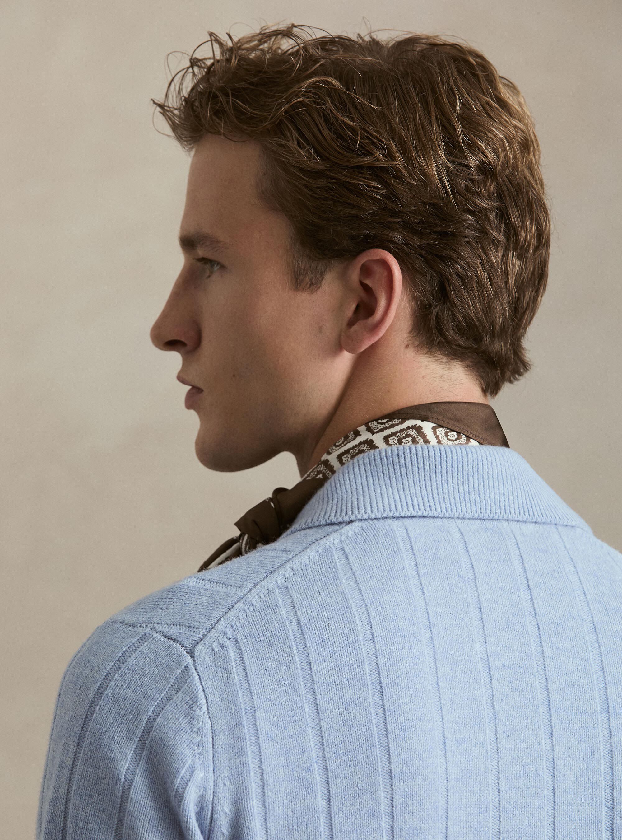 Full-zip wool-cashmere flat-ribbed sweater, AZZURRO POLVERE 0283C