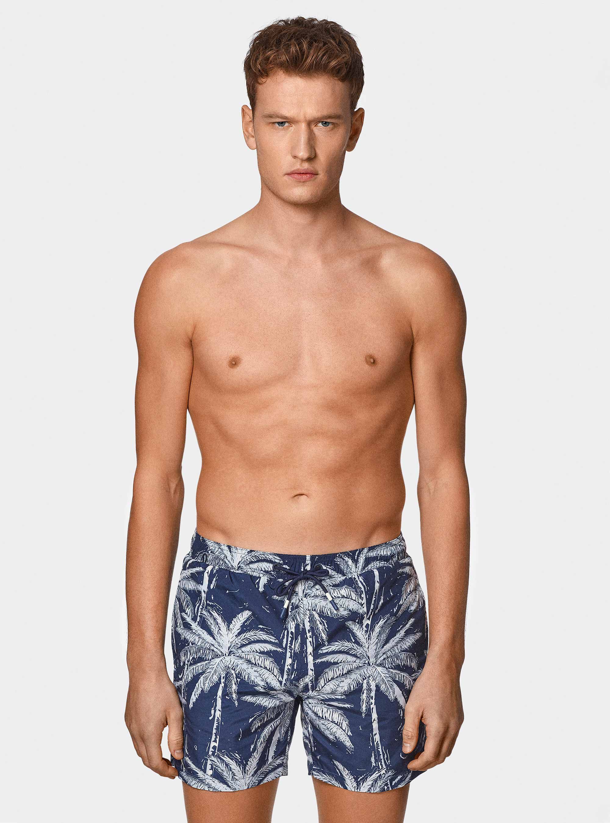 Maillot de bain imprim&eacute; palmier, BLEU MARINE