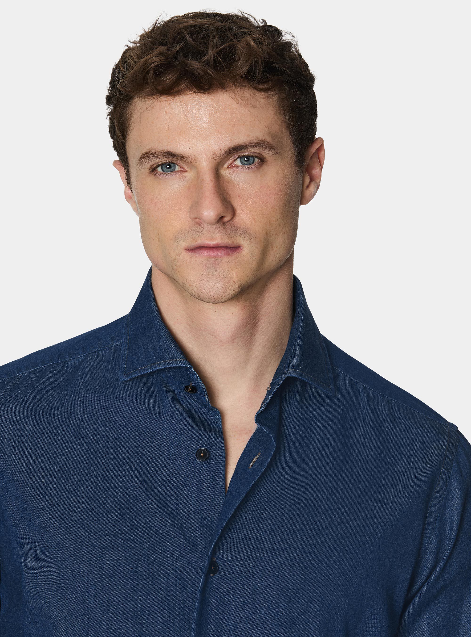 Camicia denim in cotone chambray, BLU NAVY