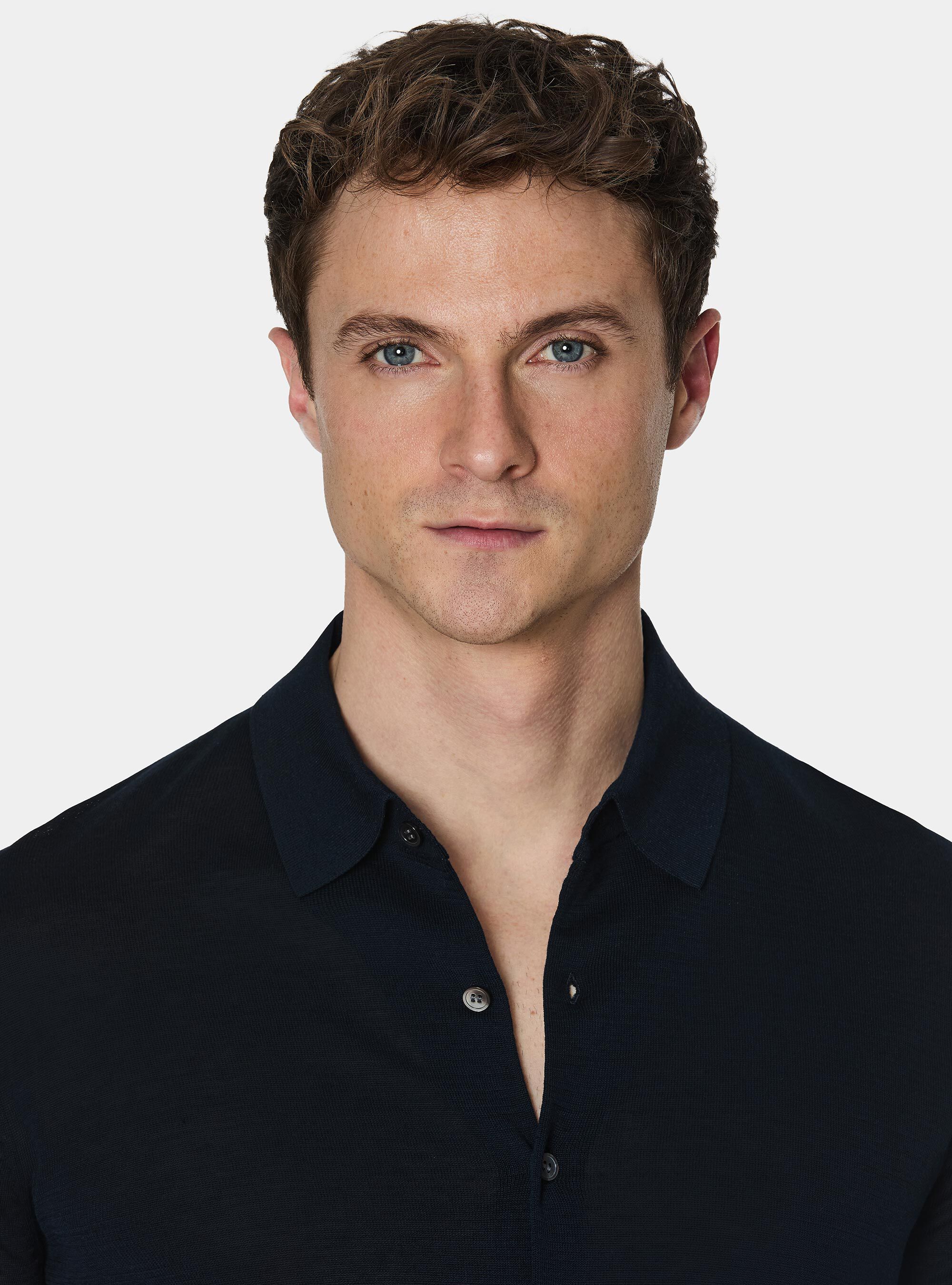 Polo camicia in cotone e seta, BLU NAVY