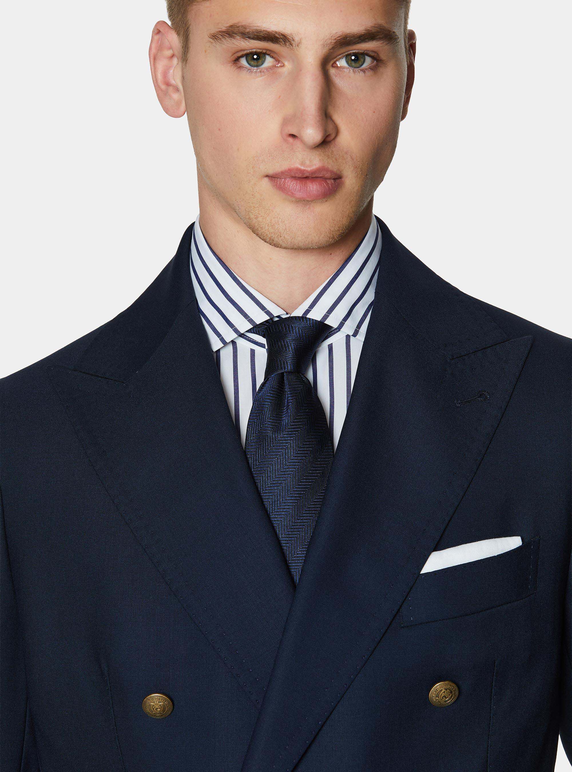 Veste crois&eacute;e en pure laine avec boutons m&eacute;talliques, BLEU