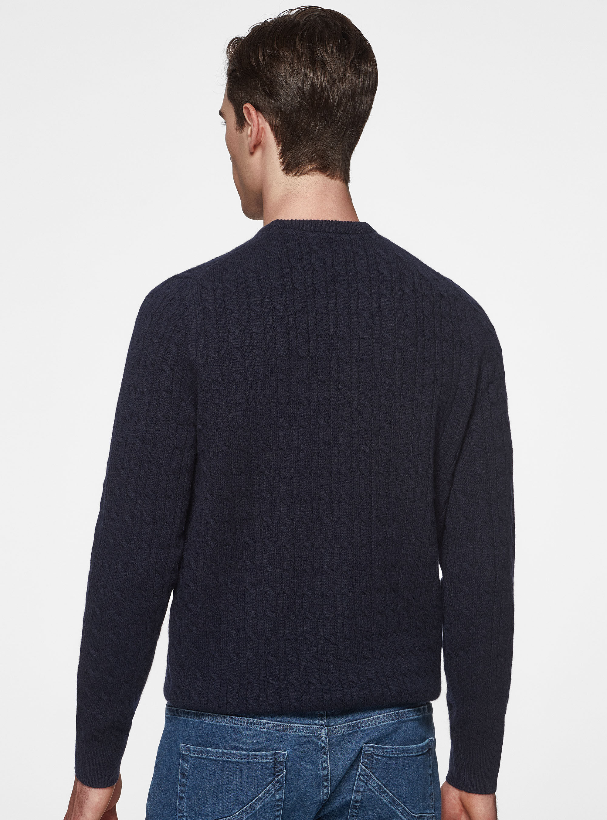 Maglia girocollo con treccia in lana e cashmere, BLU NAVY