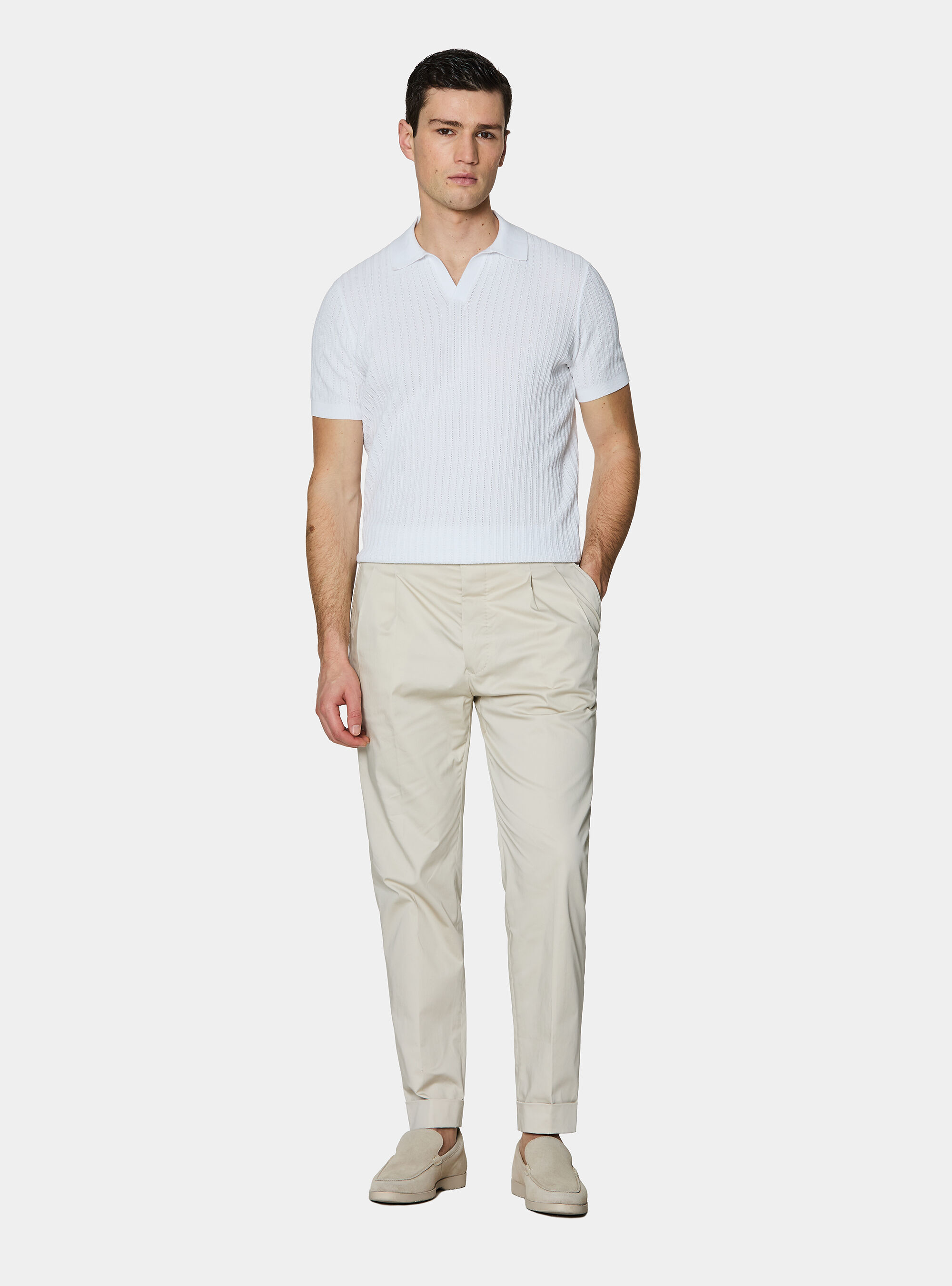 Polo in maglia traforata senza bottoni in cotone extrafine, BIANCO