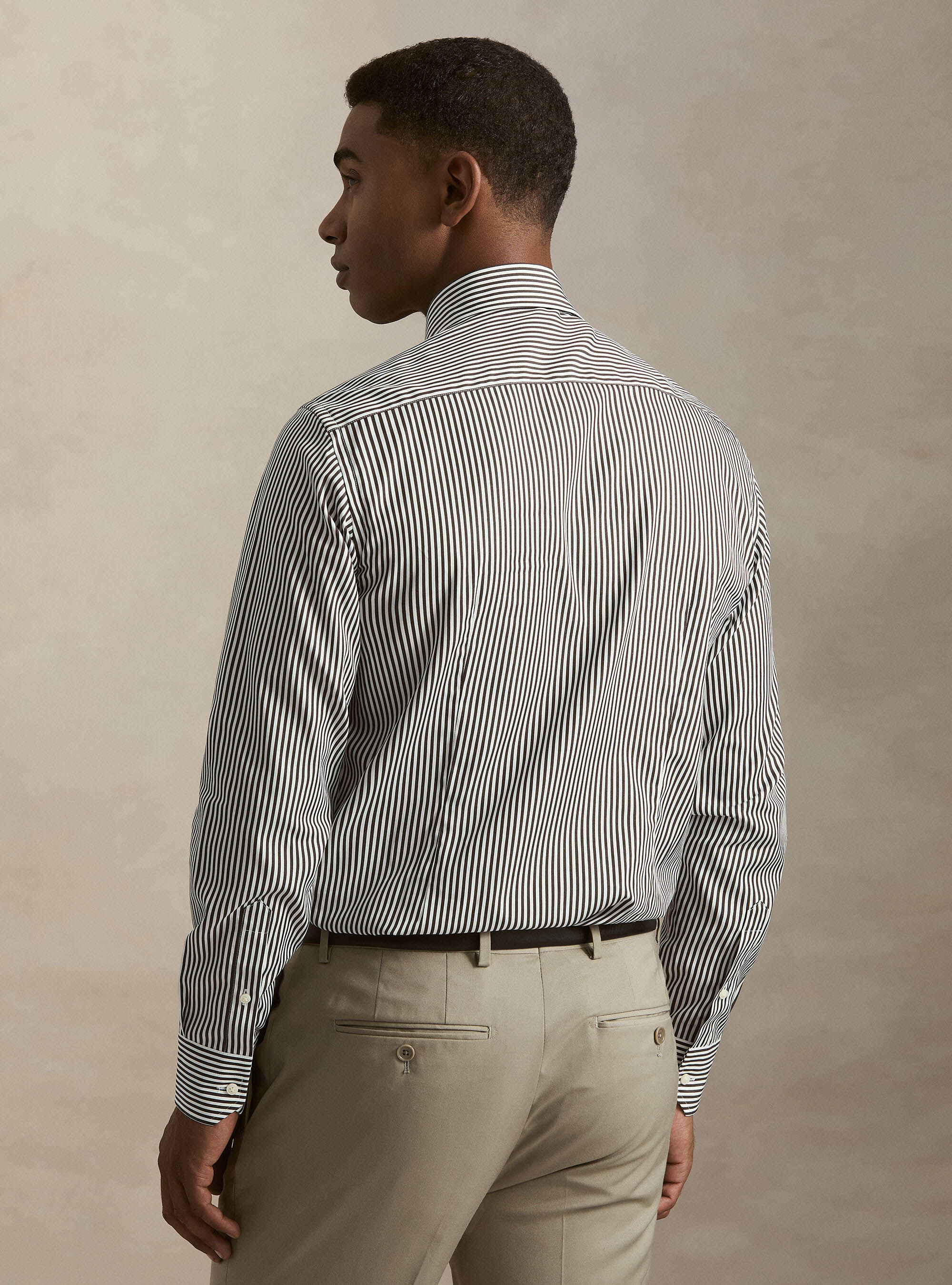 Camicia rigata cotone popeline collo semifrancese, MARRON