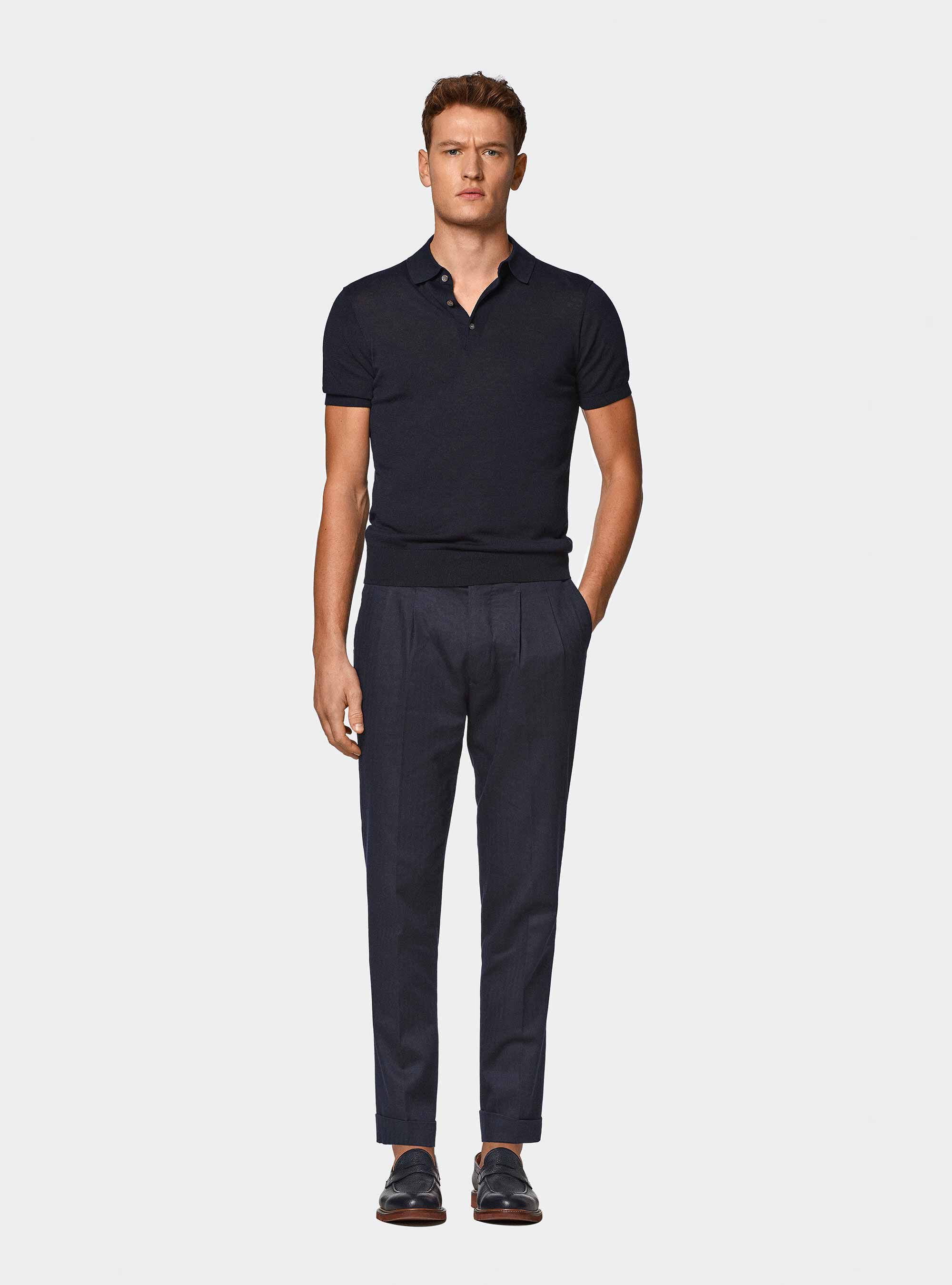 Pantaloni abito doppiopetto in cotone e lino, BLU NAVY