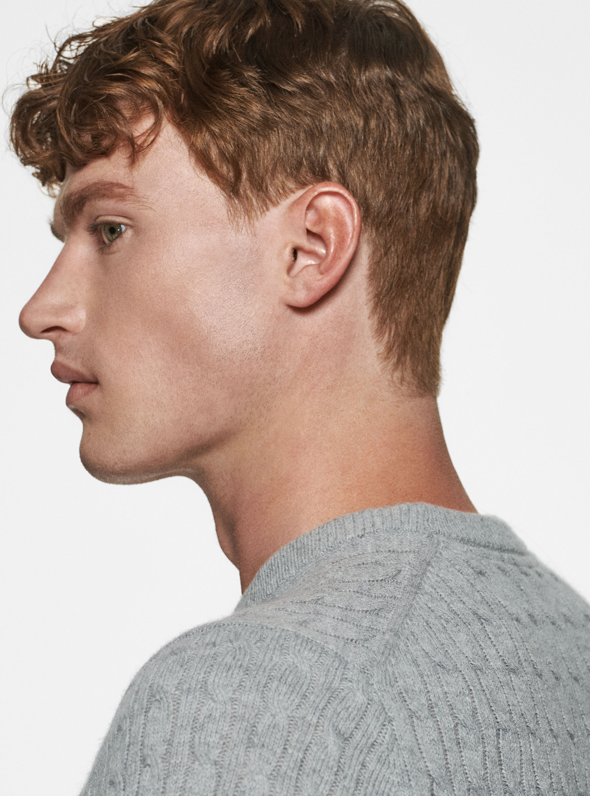 Maglia girocollo in lana cashmere a treccia, GRIGIO MELANGE 0151C