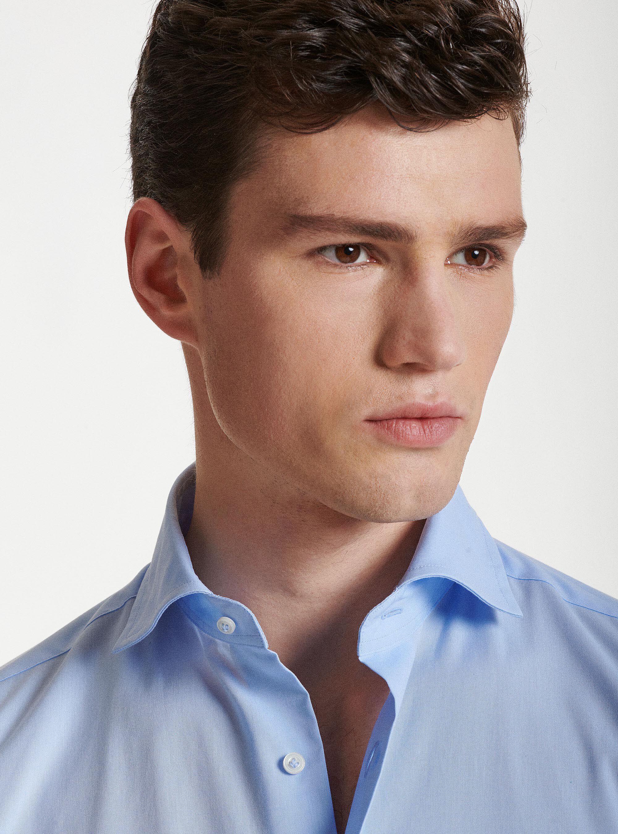 Camicia collo semi francese in popeline stretch, AZZURRO