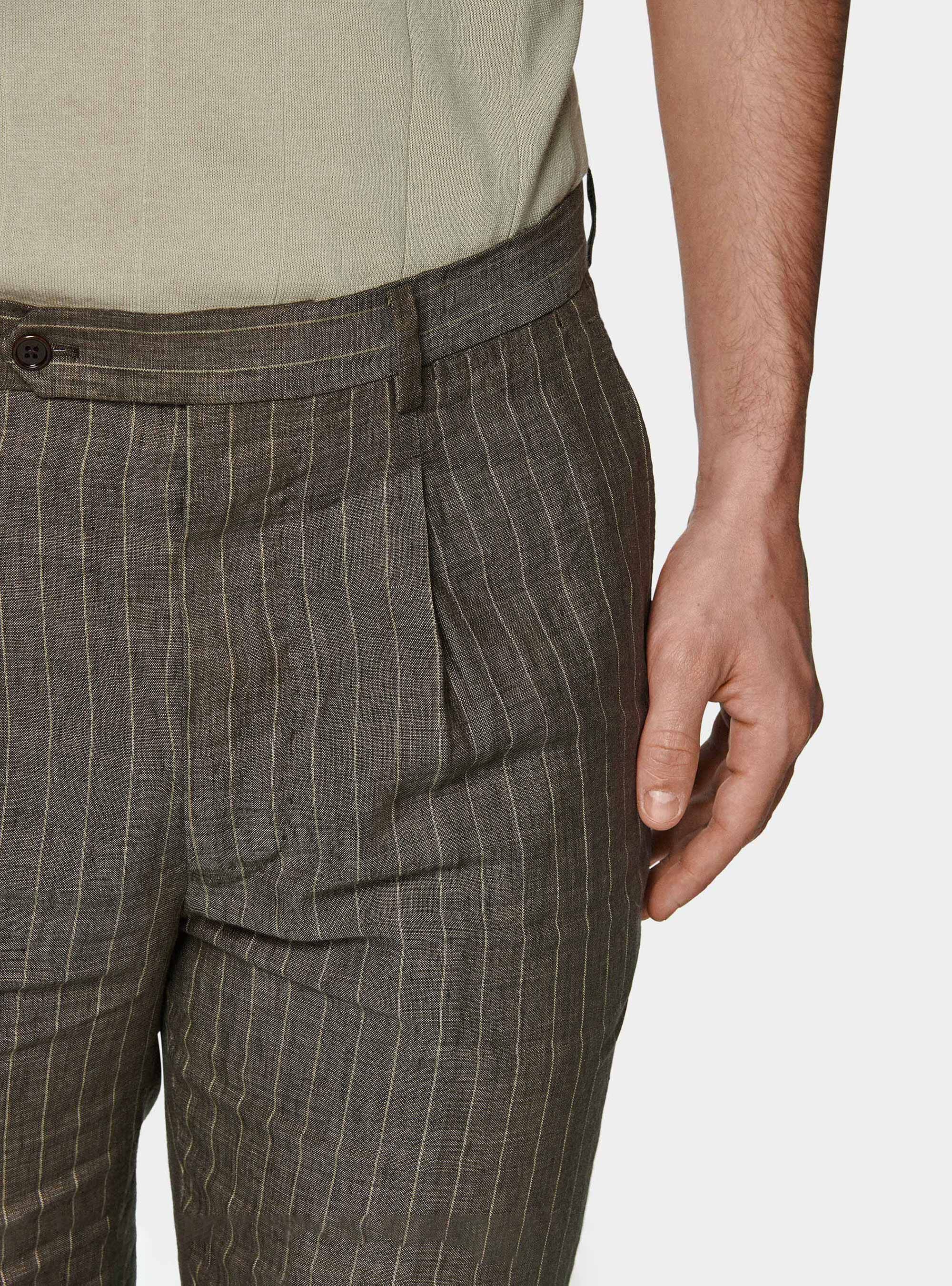 Pantal&oacute;n de traje a rayas con doble botonadura en lino delav&eacute;, MARRON