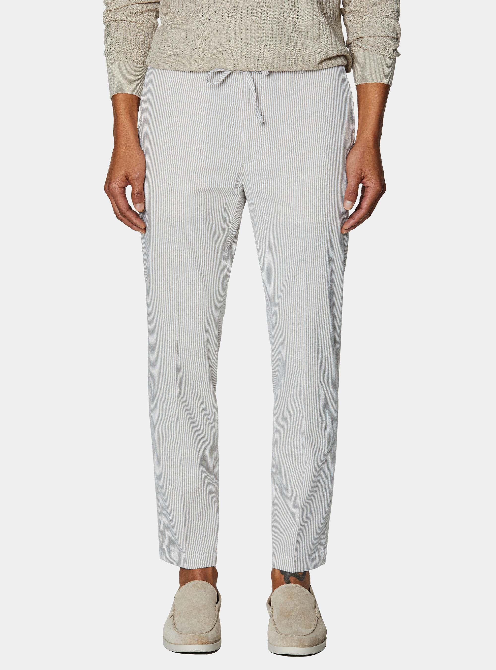 Seersucker cotton blend striped drawstring trousers