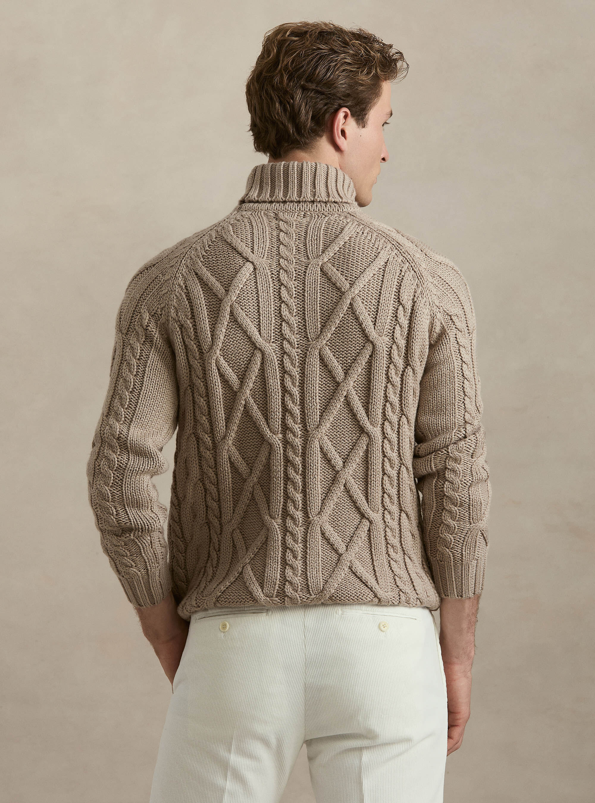 Collo alto in maglia con treccia in misto lana, SABBIA
