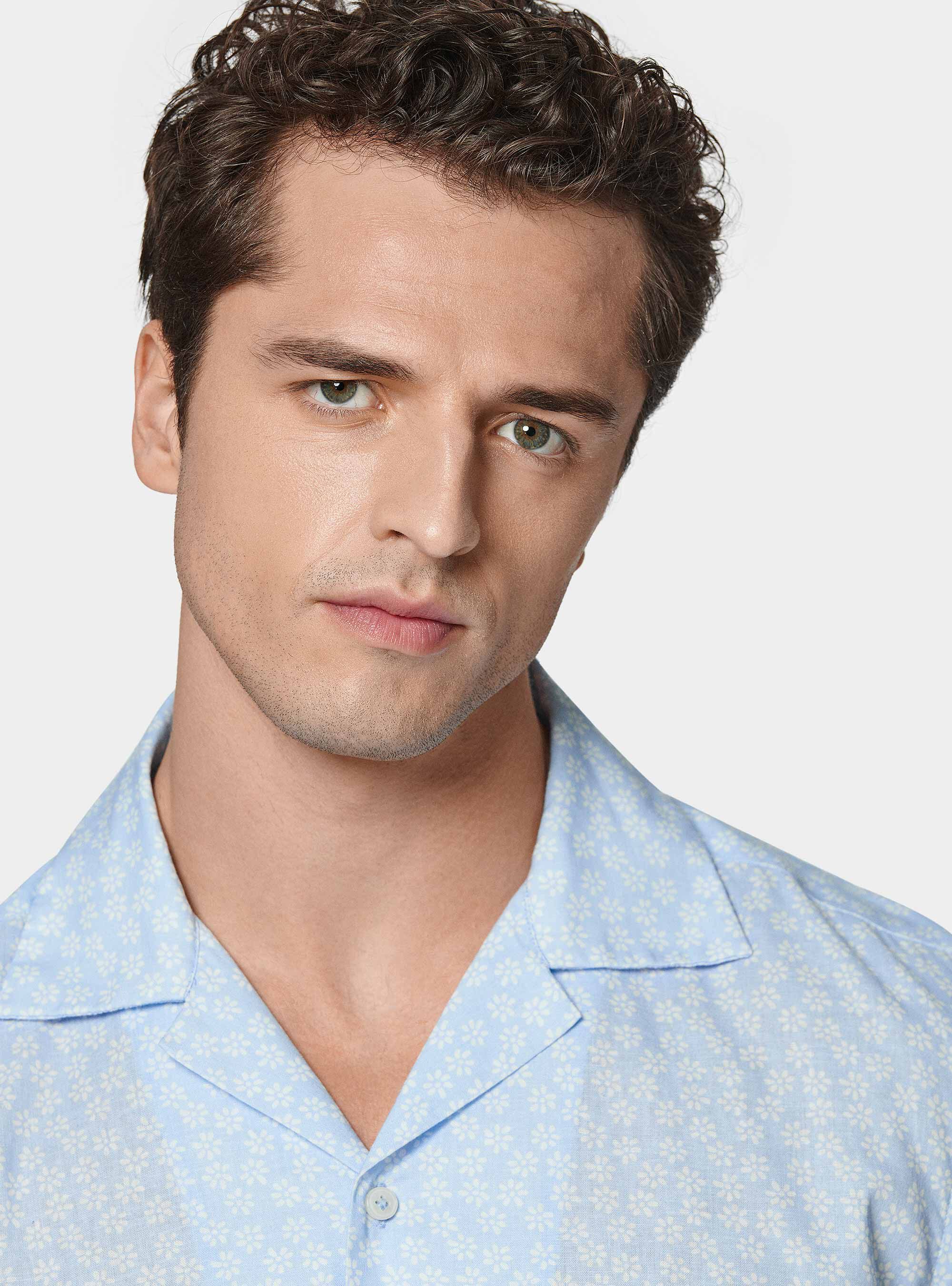 Chemise bowling, lin et coton imprim&eacute;, BLEU CIEL