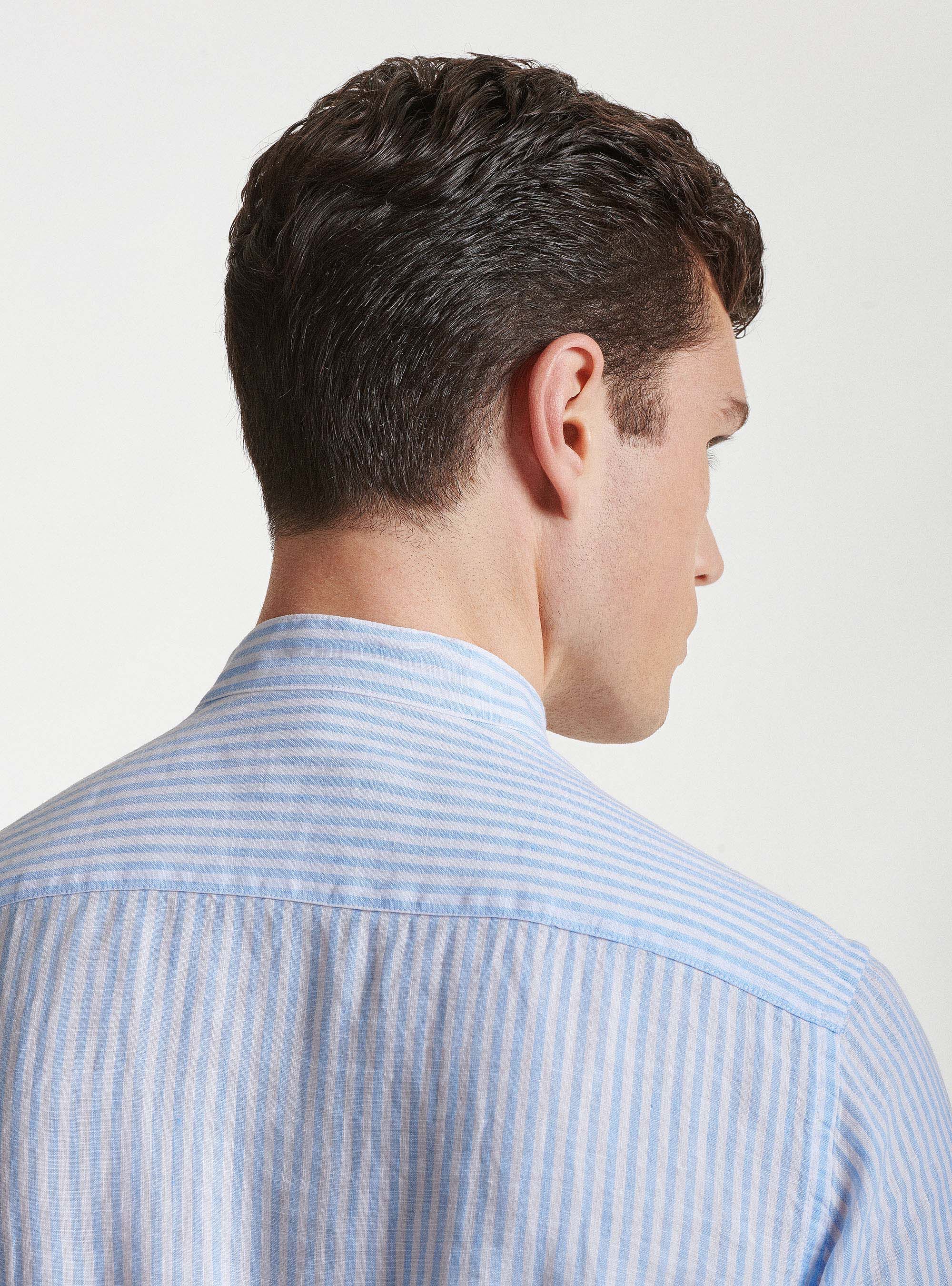 Camicia collo coreano in puro lino rigato, AZZURRO