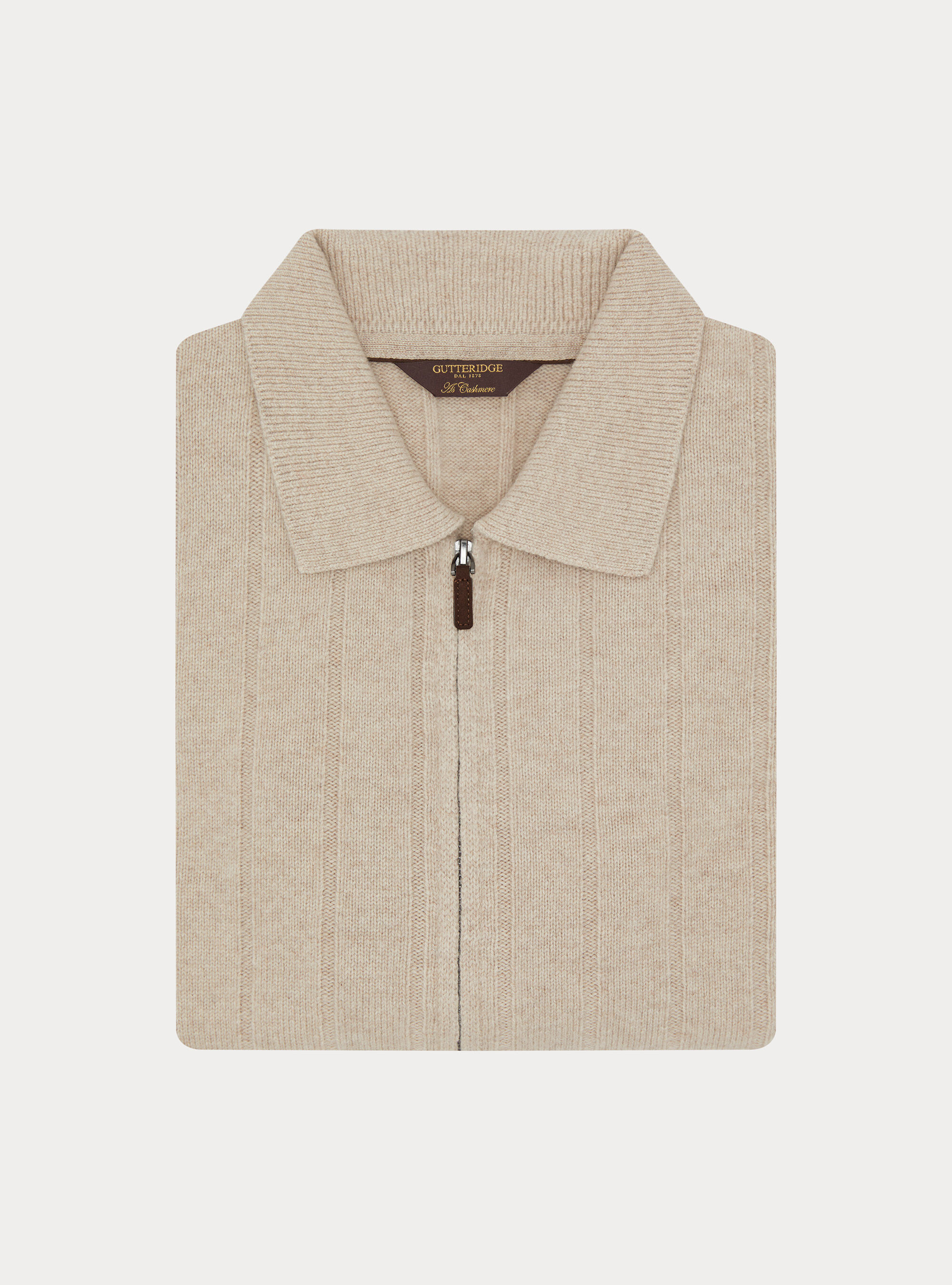 Full-zip wool-cashmere flat-ribbed sweater, ECRU