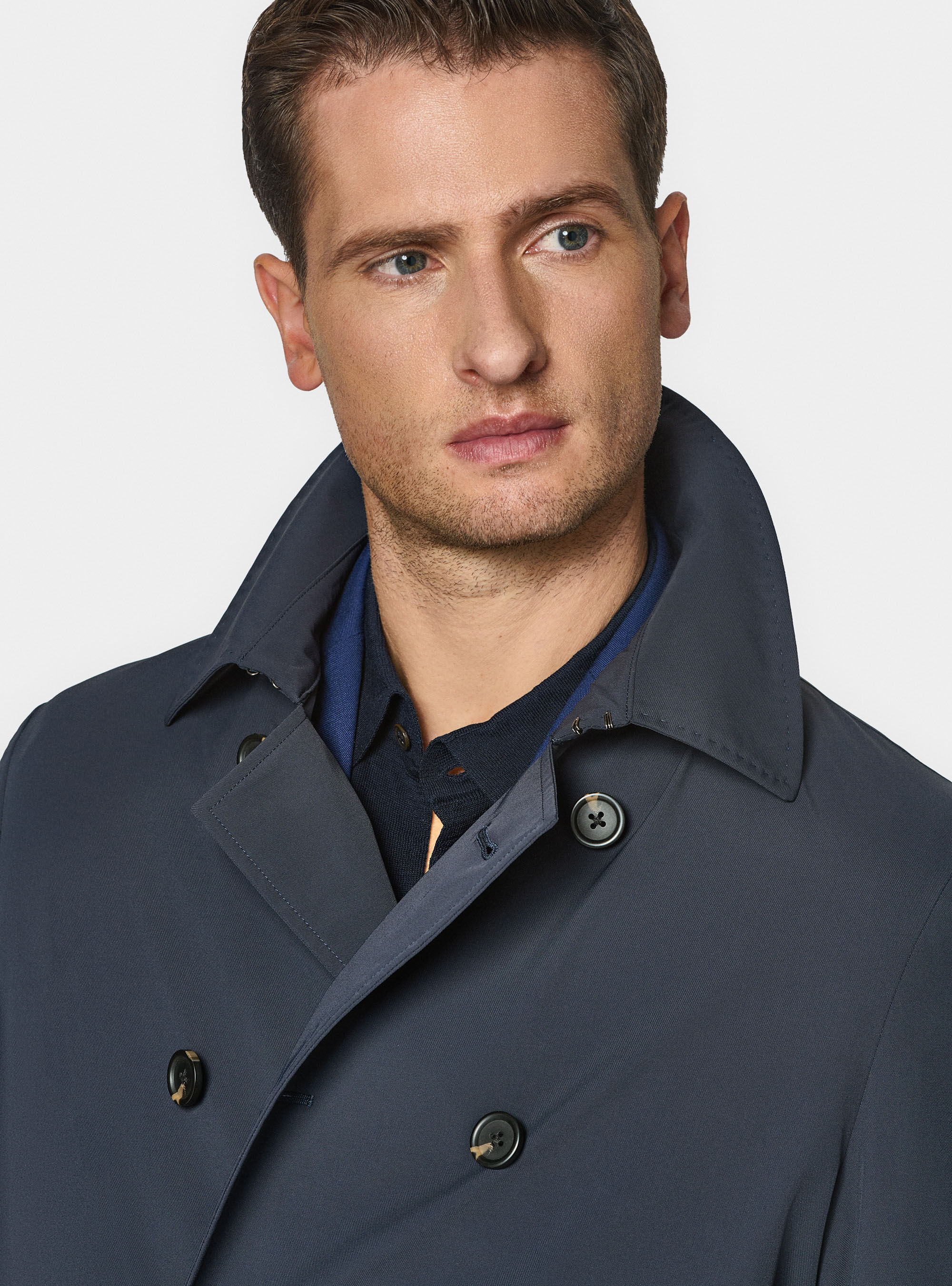 Short double-breasted raincoat in technical fabric, NAVY BLUE