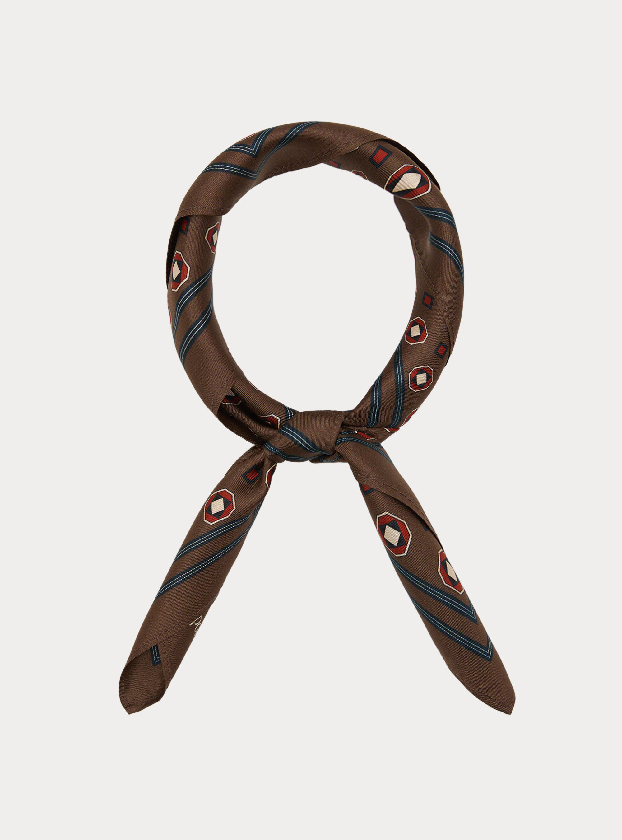 Foulard stampato in seta fantasia geometrica, BROWN
