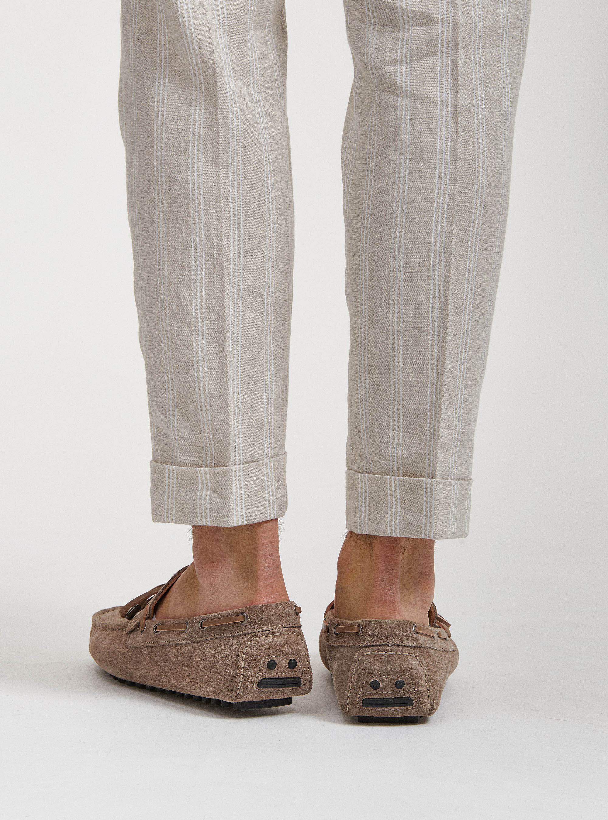 Linen and cotton double pleat trousers with strap, ECRU
