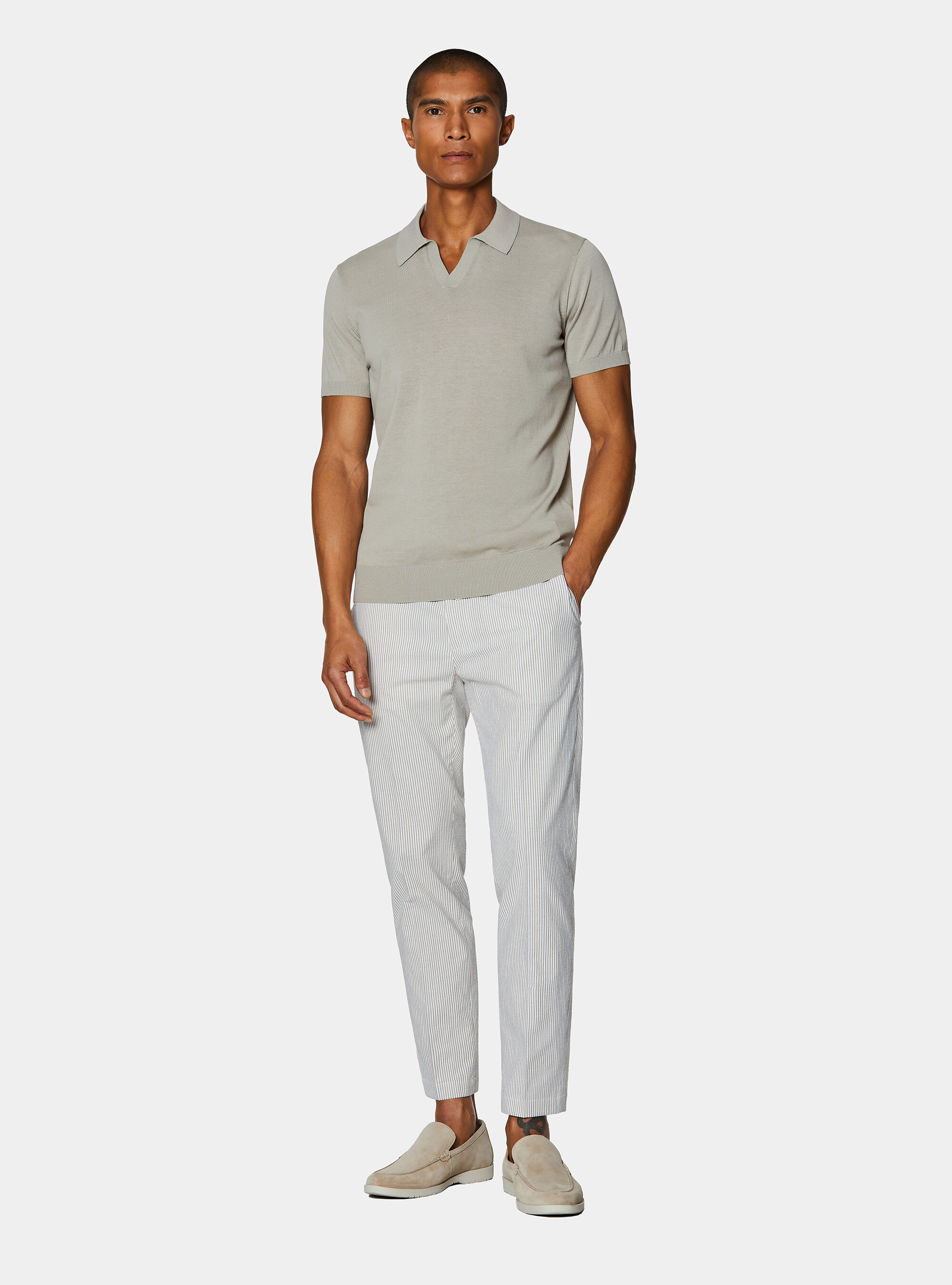 Polo tricot&eacute; sans boutons en coton extra-fin, SABLE