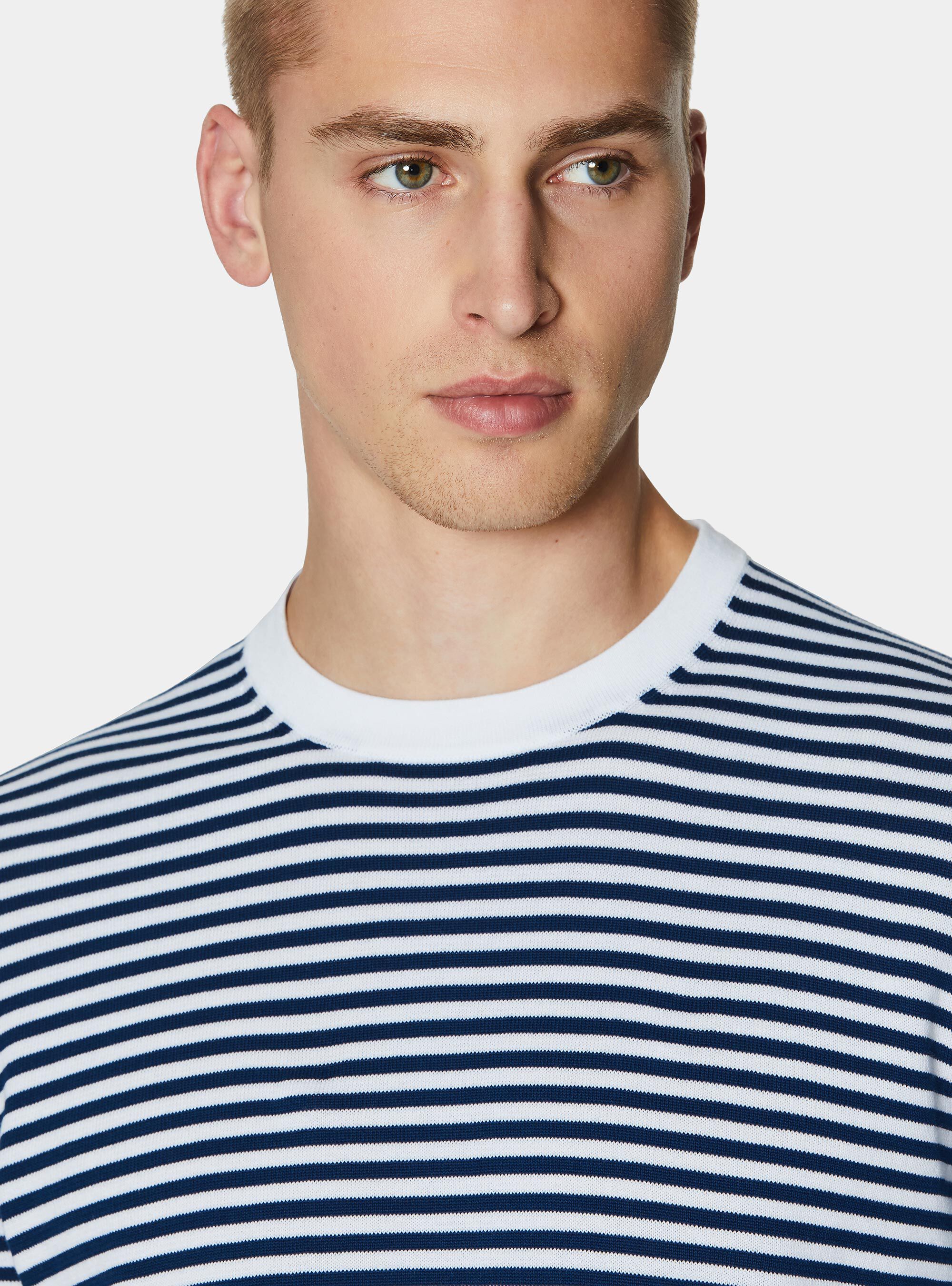 Maglia girocollo in cotone rigato, BIANCO