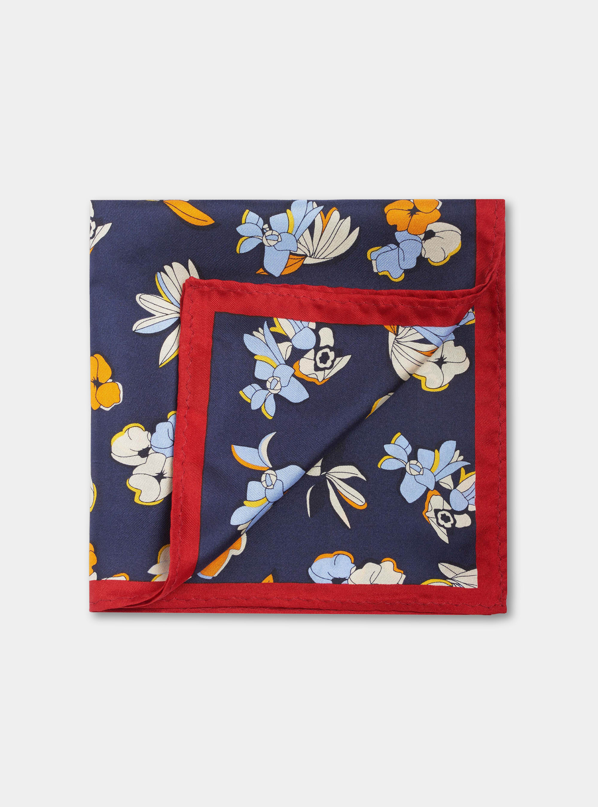 Pochette fantasia floreale in seta stampata, BLU NAVY