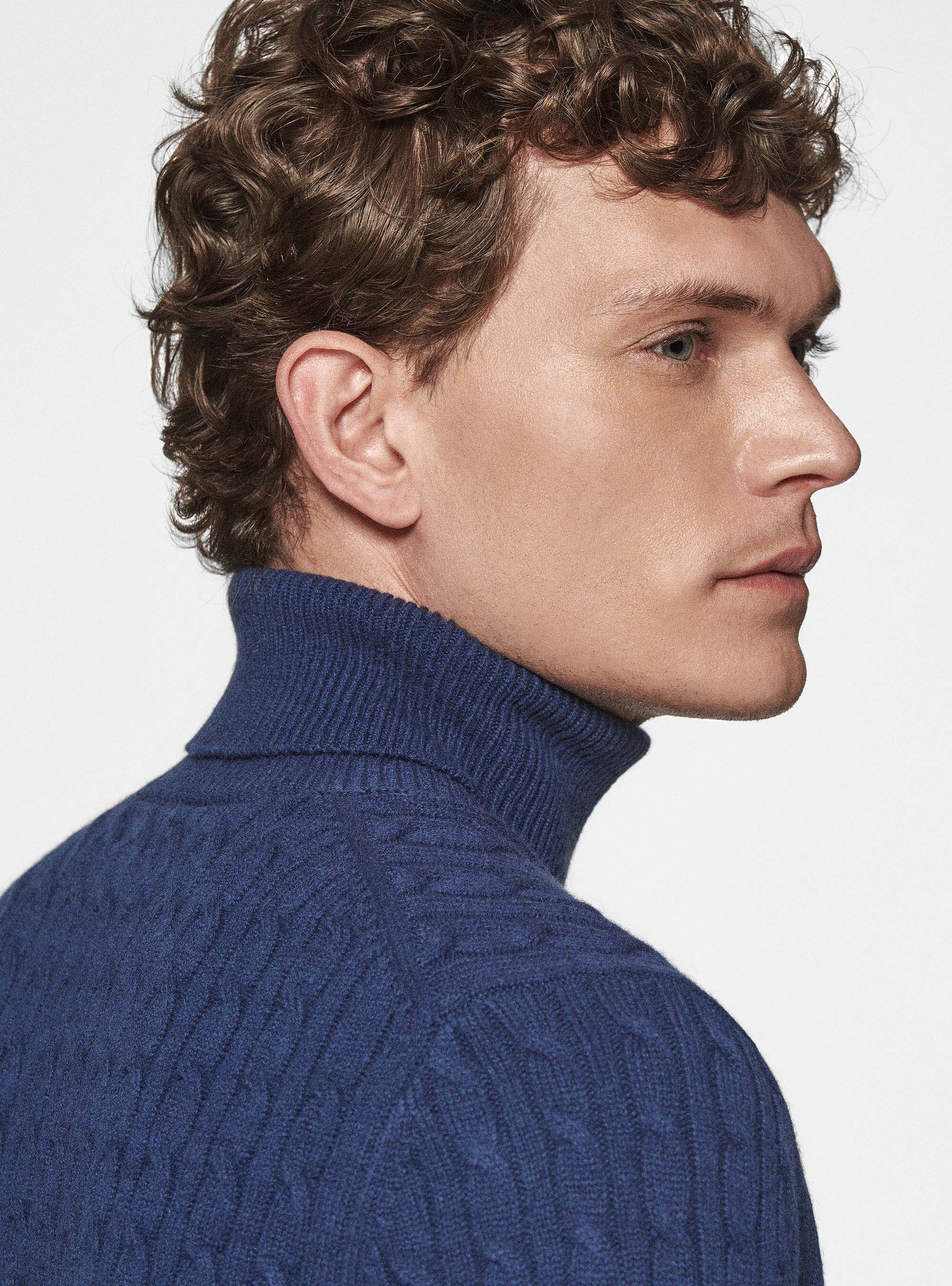 Maglia collo alto in lana cashmere con treccia, INCHIOSTRO