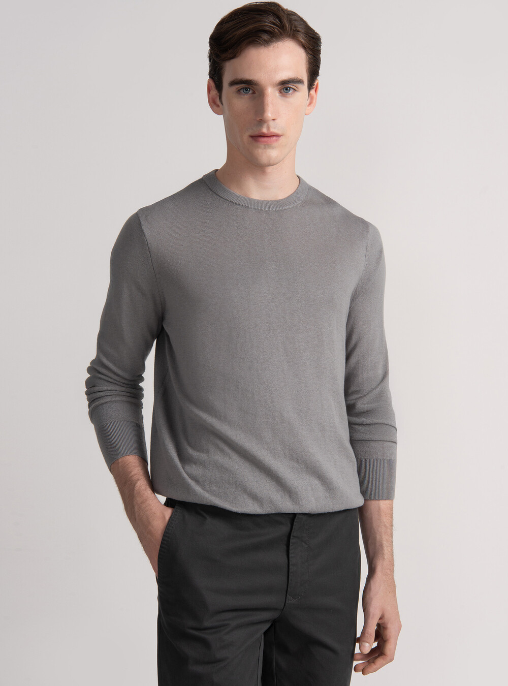 Maglia girocollo in cotone seta e cashmere, GRIGIO CHIARO Maglia girocollo in cotone seta e cashmere