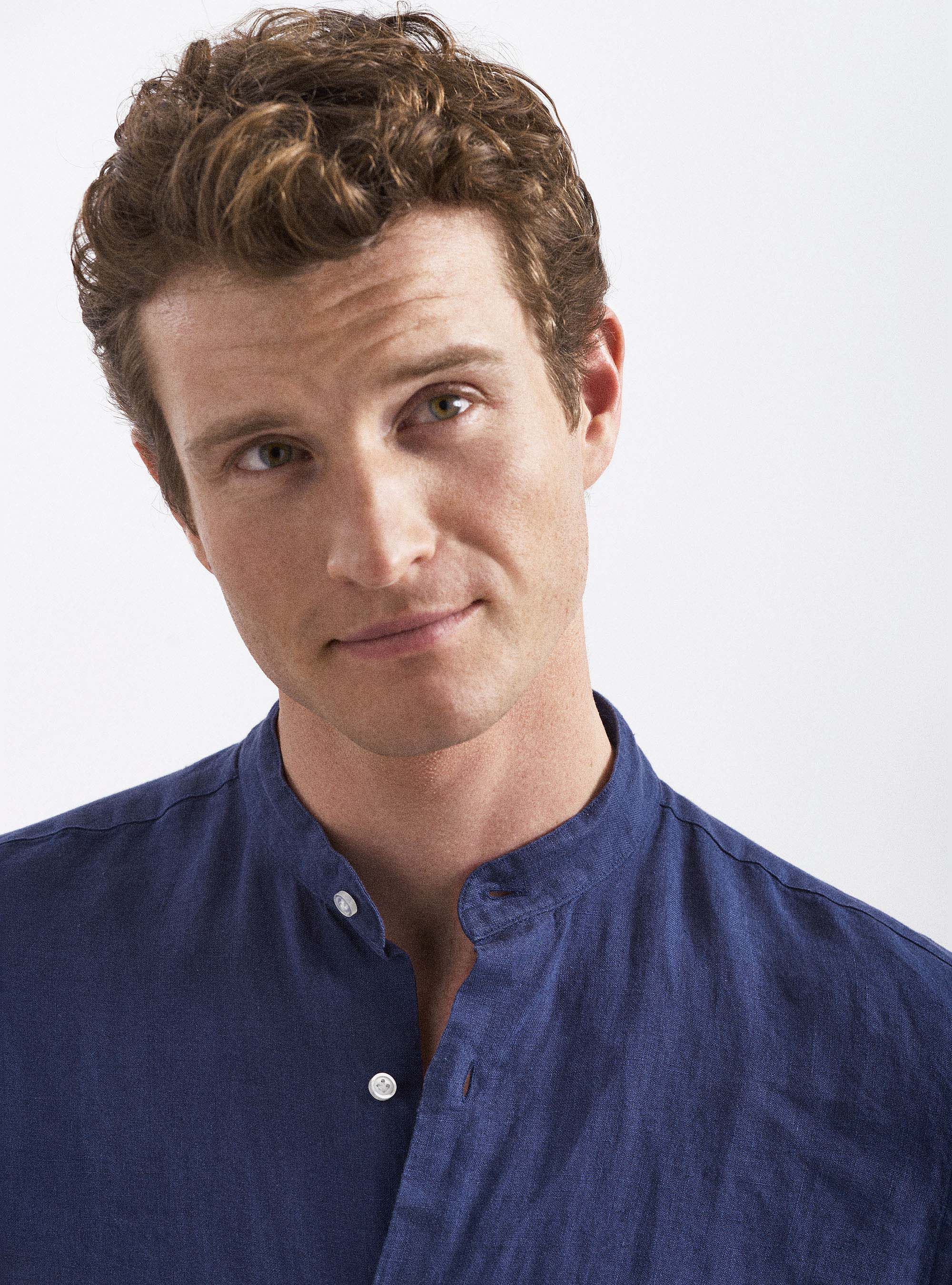 Camicia coreana in puro lino, BLU NAVY