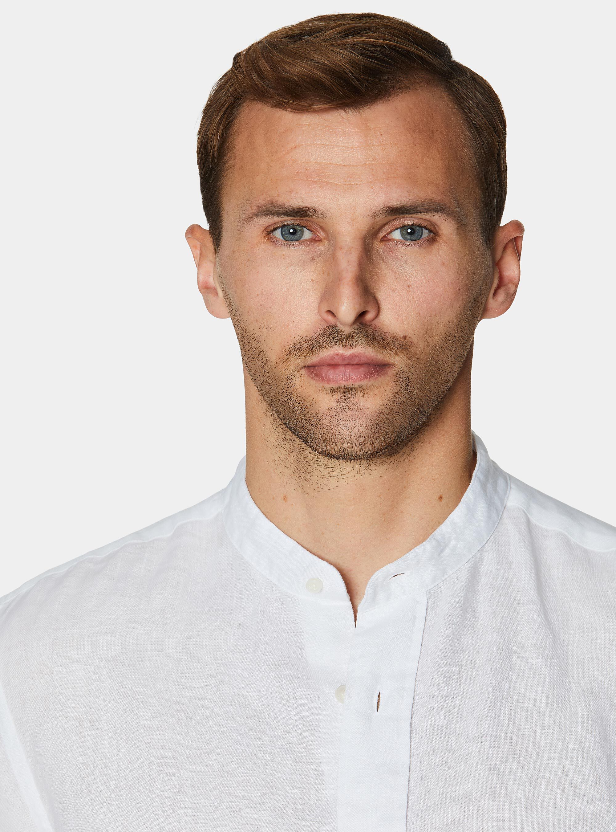 Camicia coreana in puro lino, BIANCO