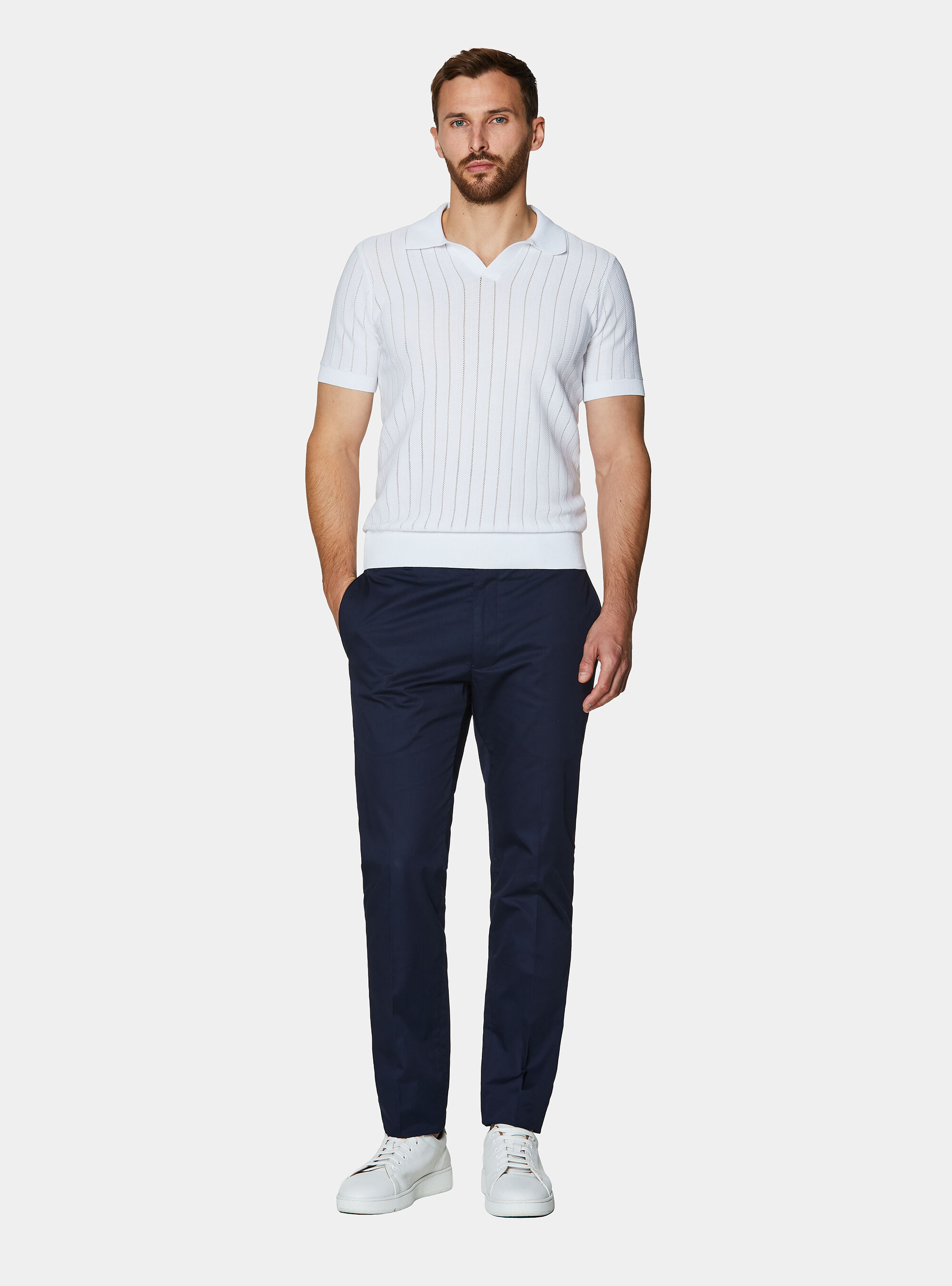 Polo traforata in cotone spigato, BIANCO