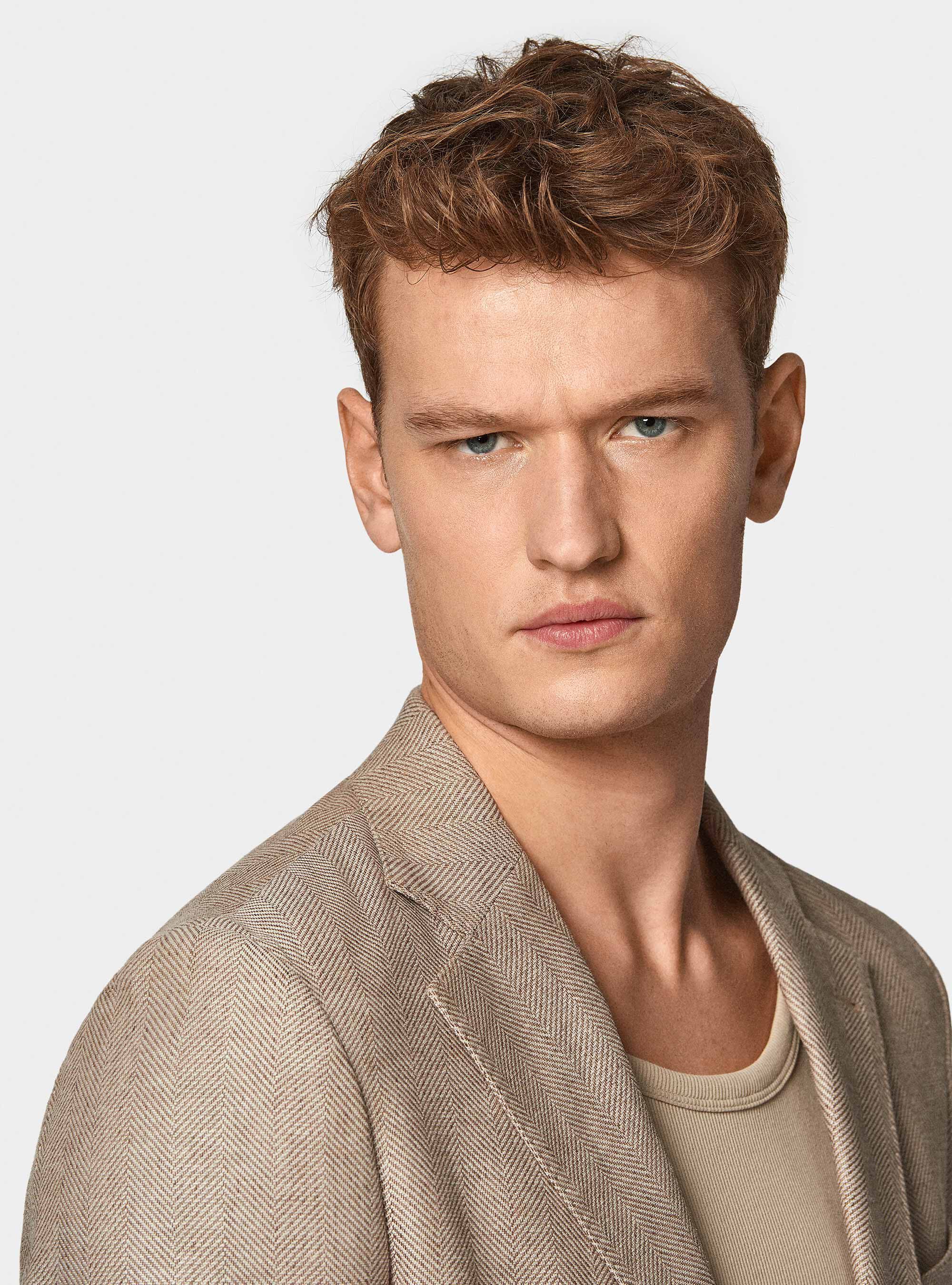 Giacca spigata in lino e cotone, TABACCO