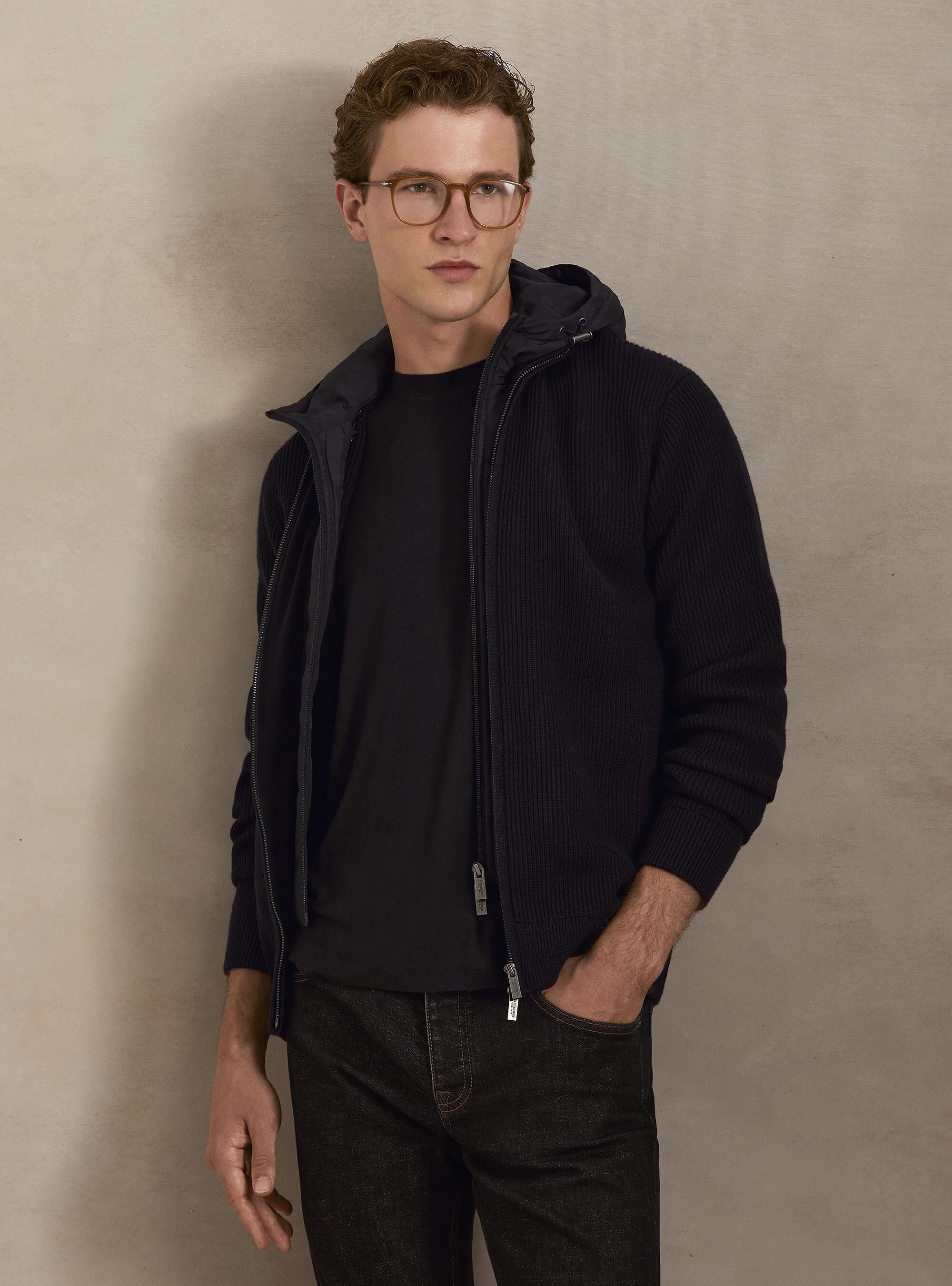 Cardigan costa inglese in lana e cotone e cappuccio removibile, BLU NAVY