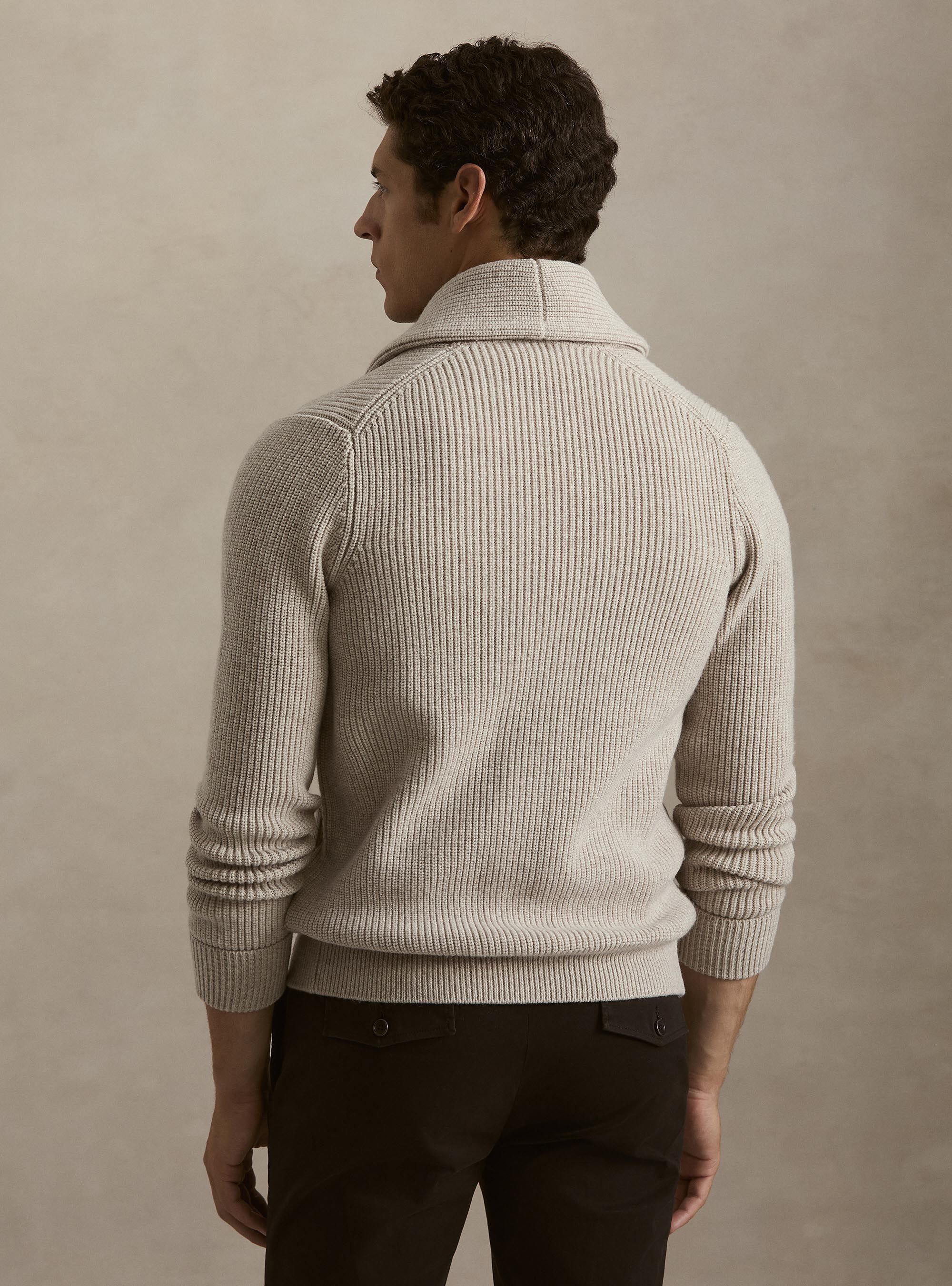 Merino wool shawl collar cardigan, ECRU