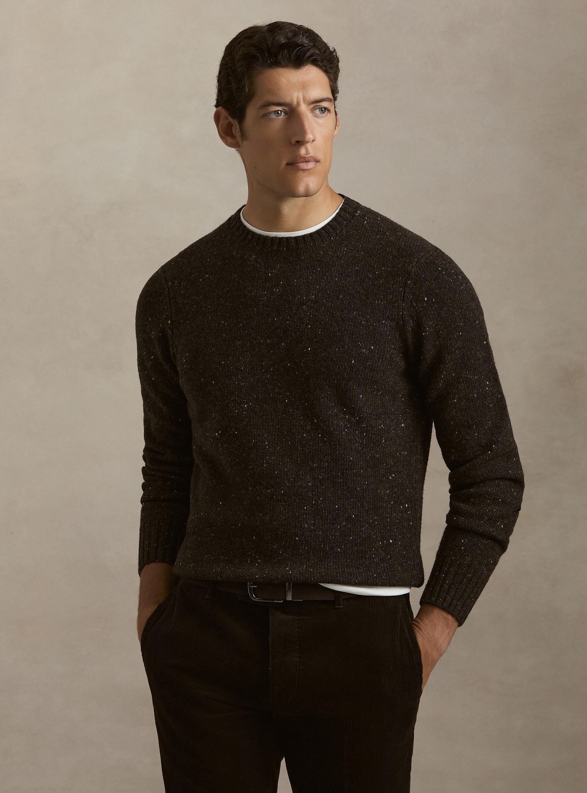 Donegal-style merino wool blend crewneck sweater, BROWN