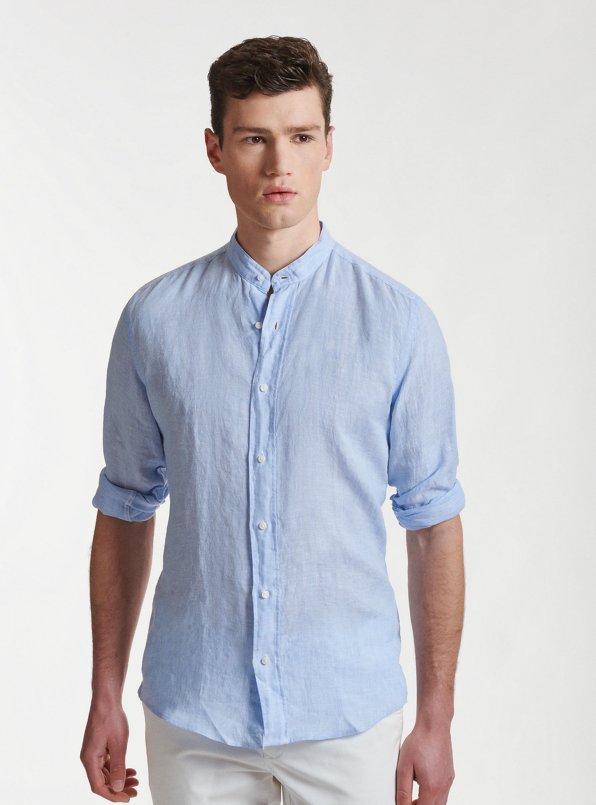 Camicia collo coreano in puro lino, AZZURRO