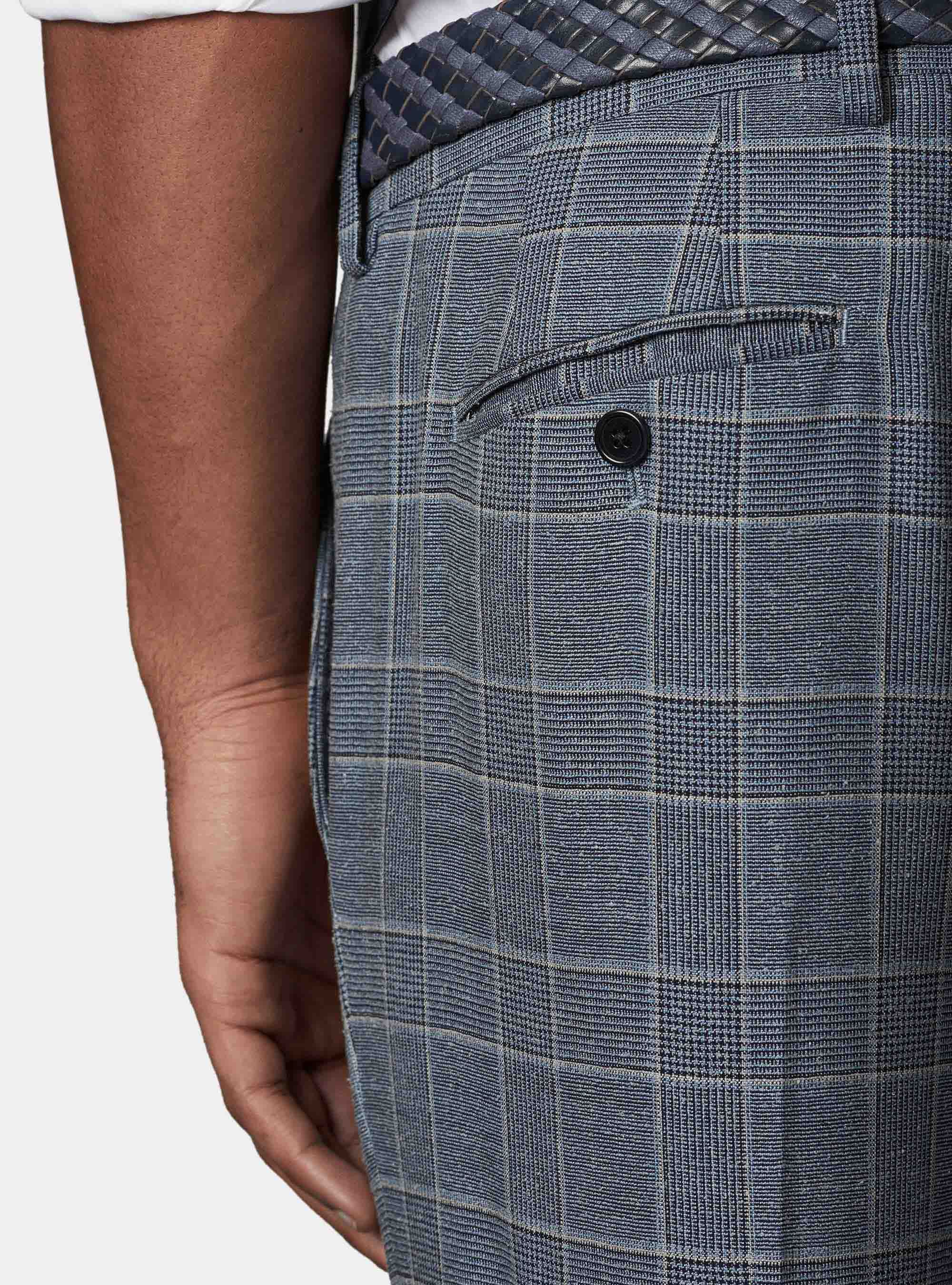 Pantaloni per abito in principe di galles lana boucl&egrave; e seta, BLU