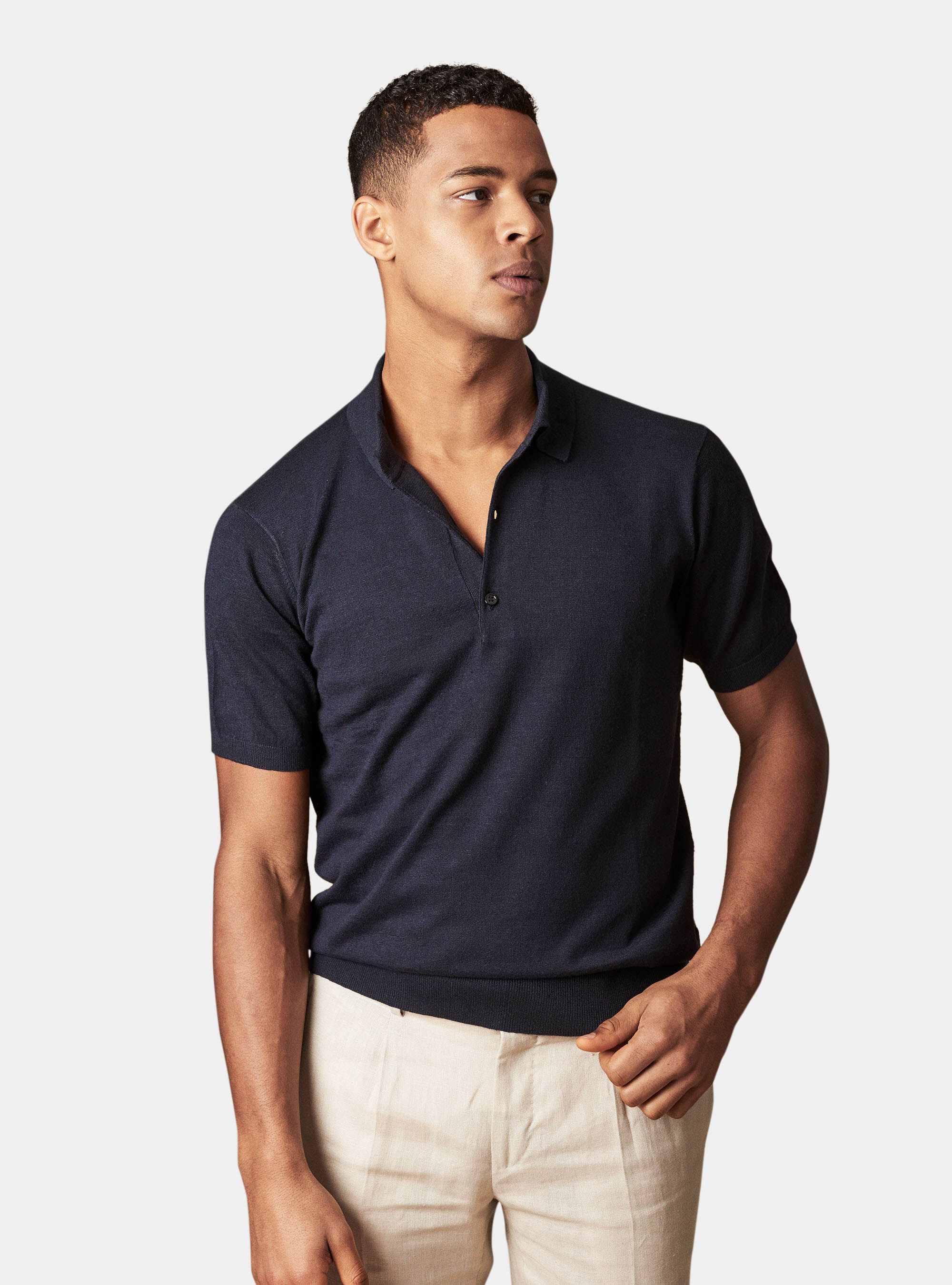 Linen and cotton polo slim fit jersey, NAVY BLUE