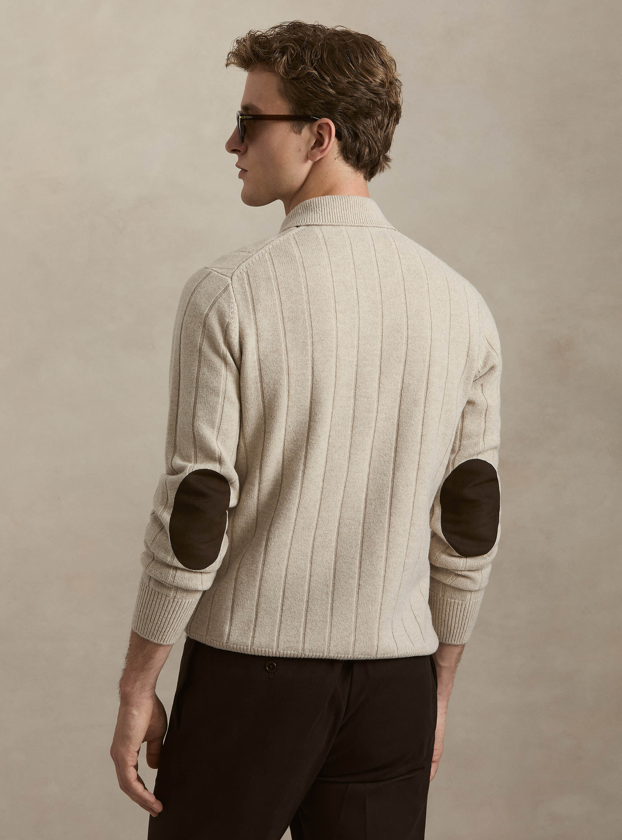 Full-zip wool-cashmere flat-ribbed sweater, ECRU
