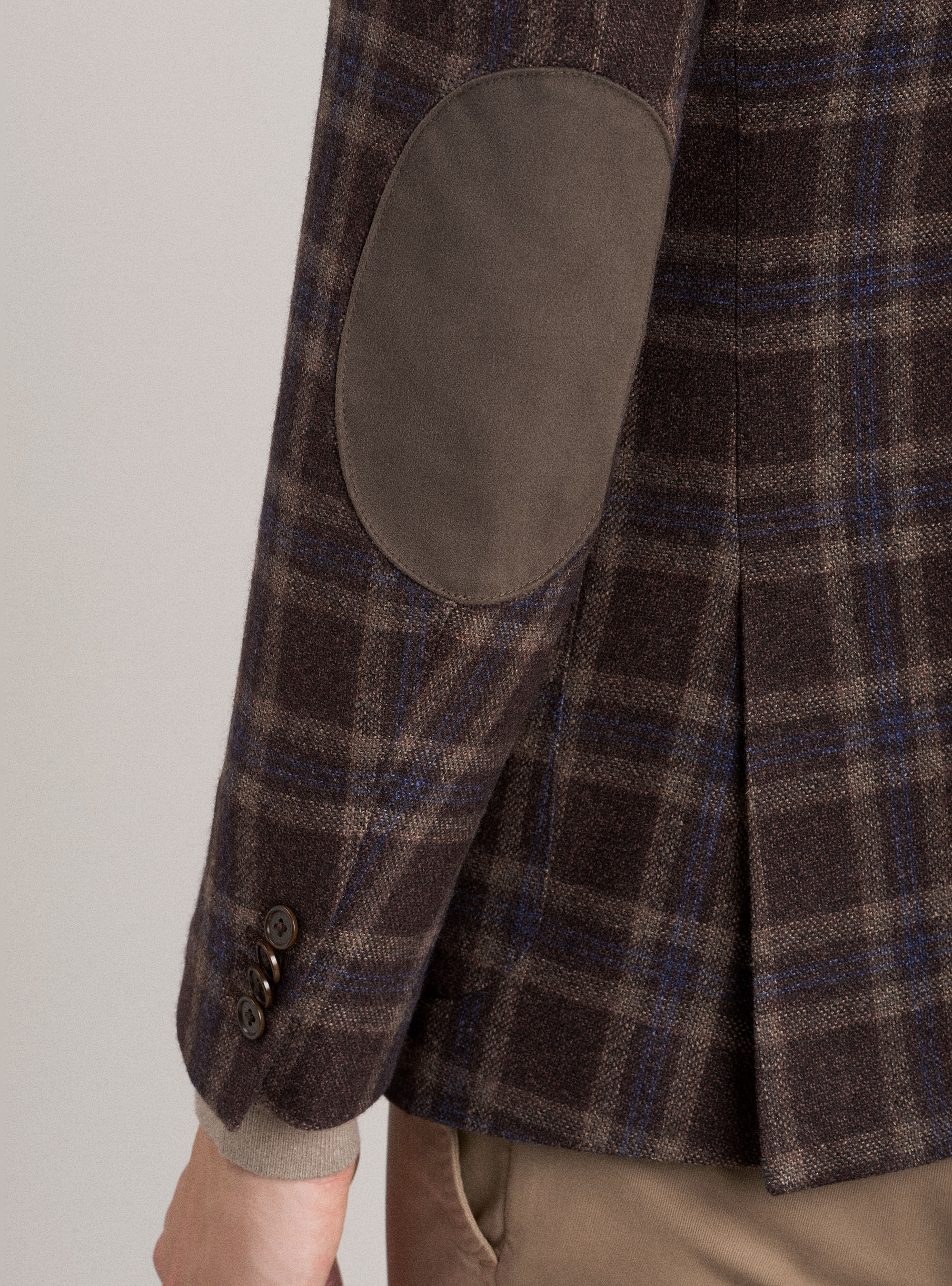 Giacca a quadri in lana seta e cashmere con pettorina, MARRONE