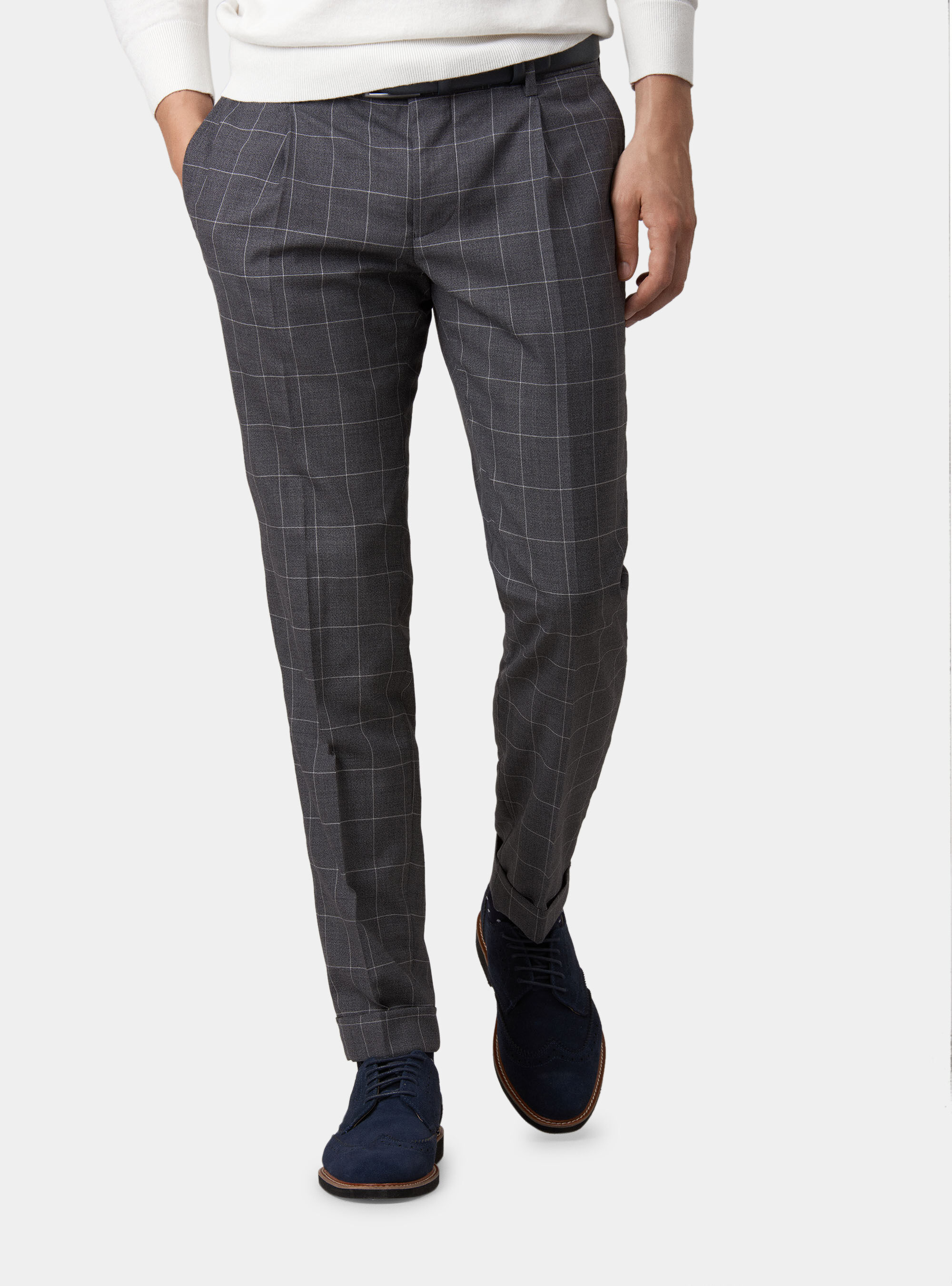 Pantaloni in fresco lana a quadri con pinces