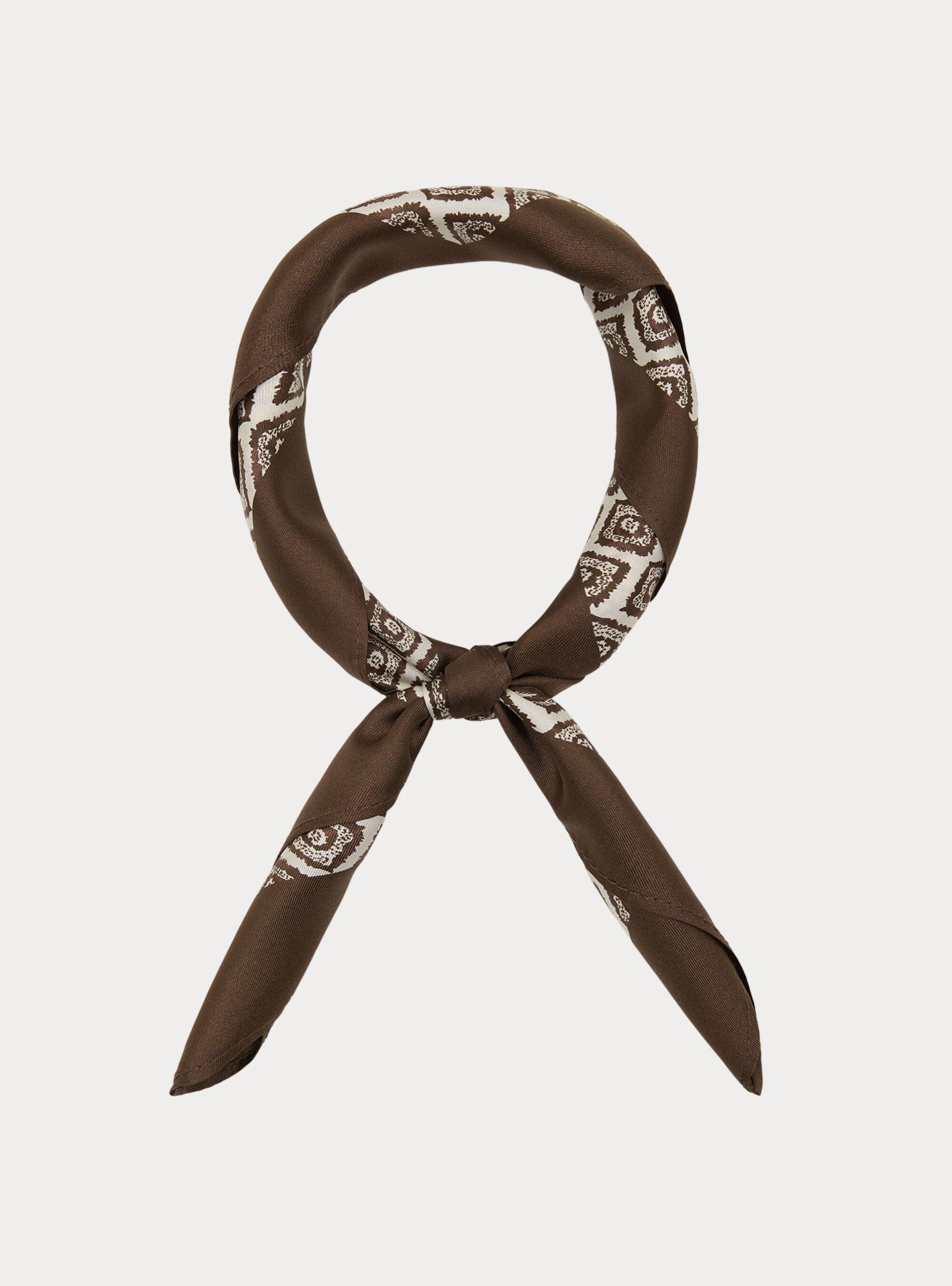 Foulard stampato in seta fantasia geometrica, BROWN