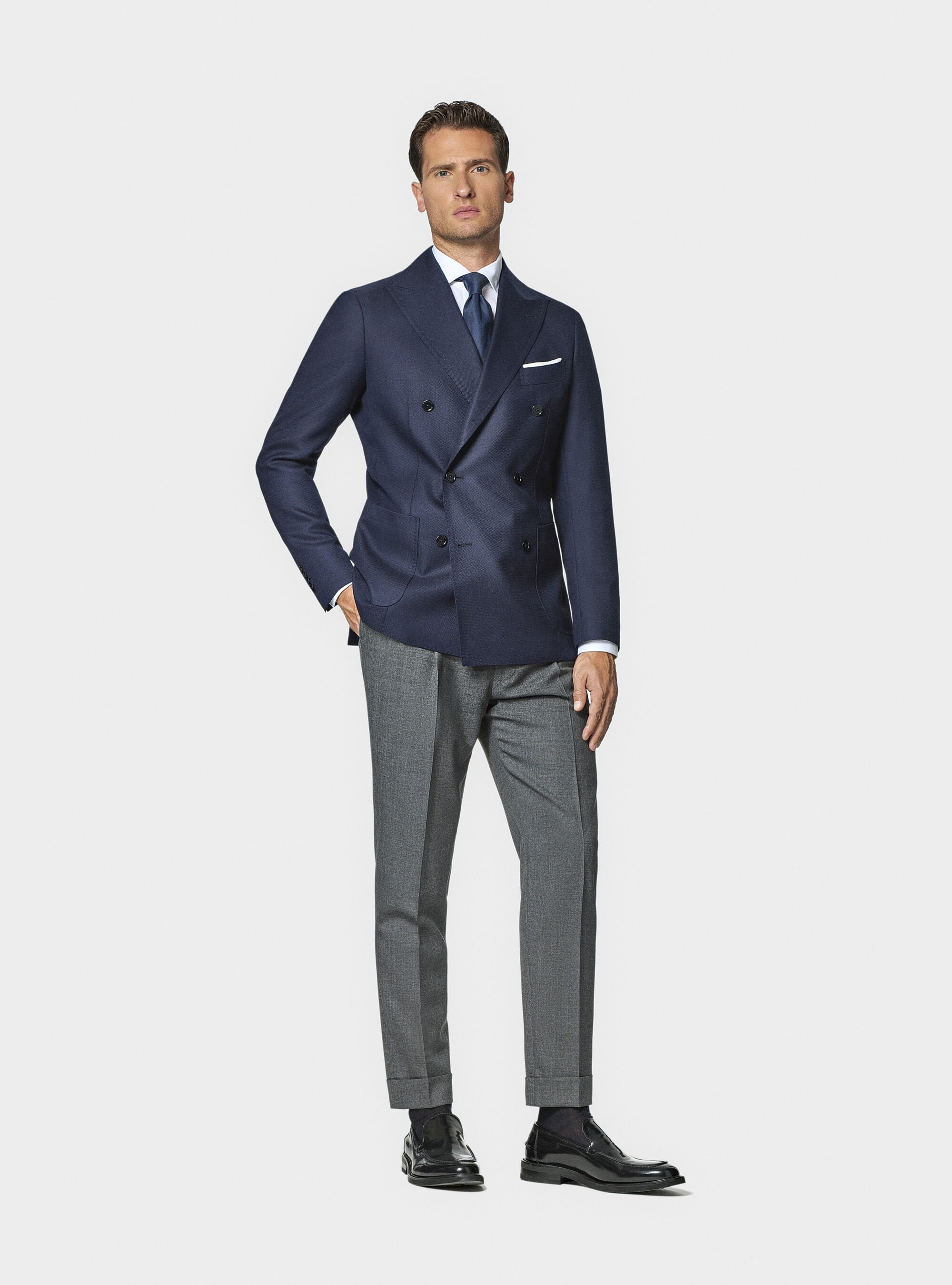 Double-breasted blazer in pure hopsack wool, NAVY BLUE