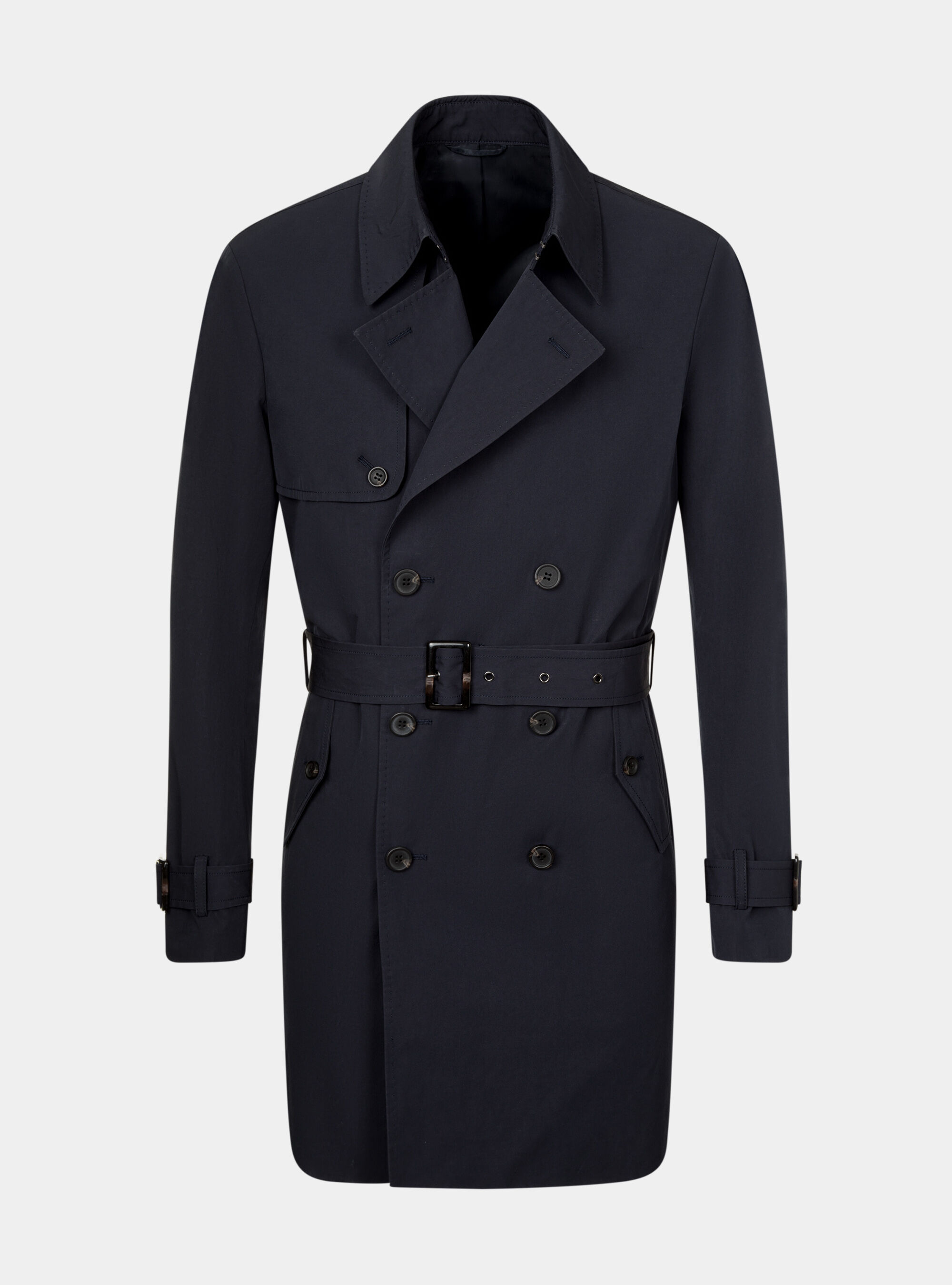 Double breasted raincoat in technical cotton blend twill