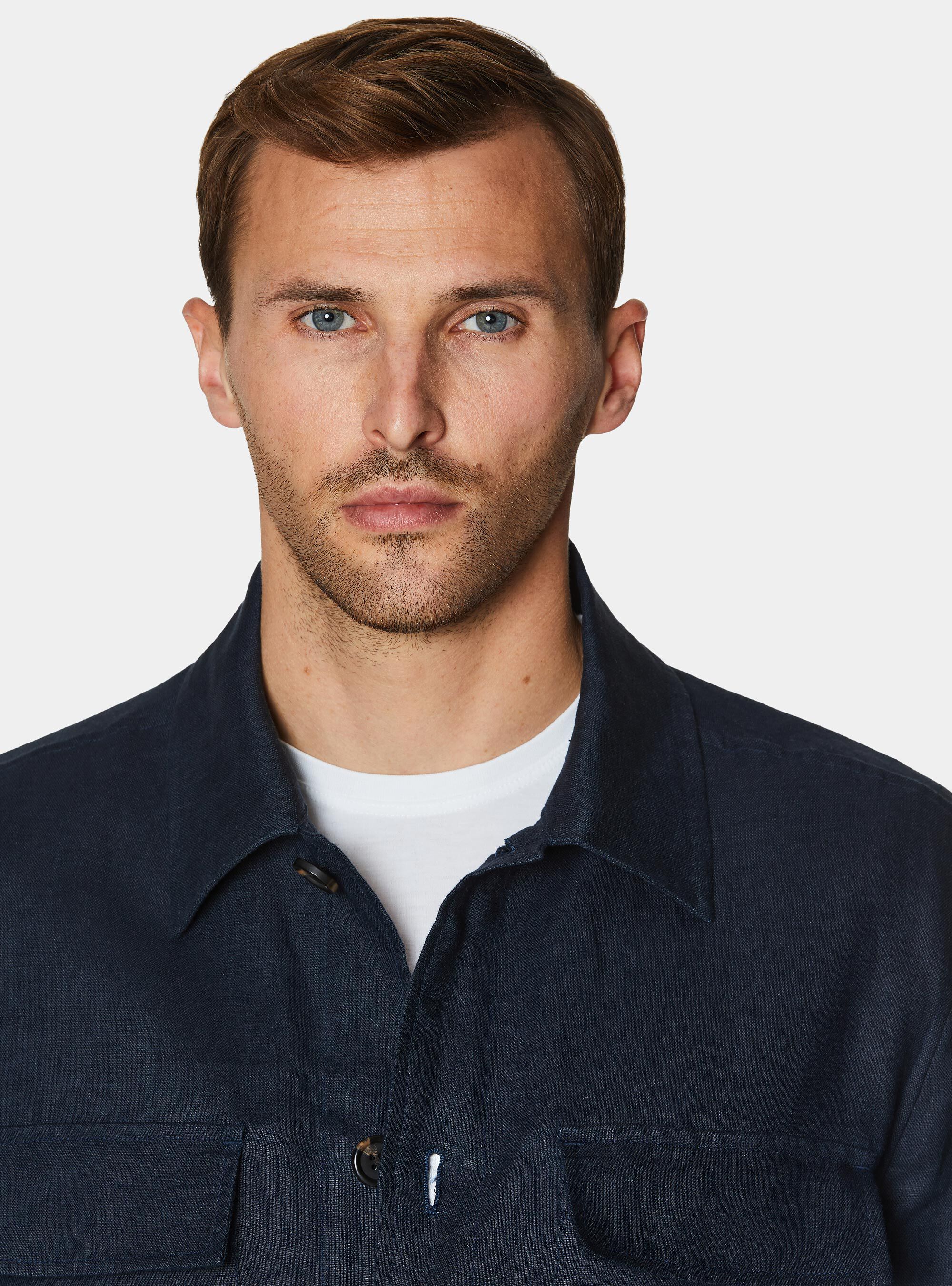 Veste chemise en pur lin avec cordon de serrage, BLEU MARINE