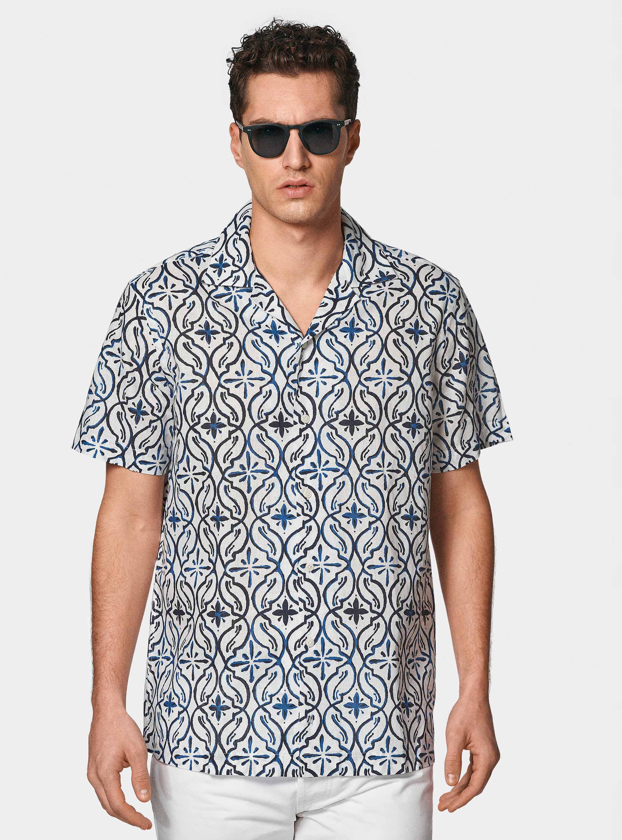 Camicia bowling in lino e cotone stampato