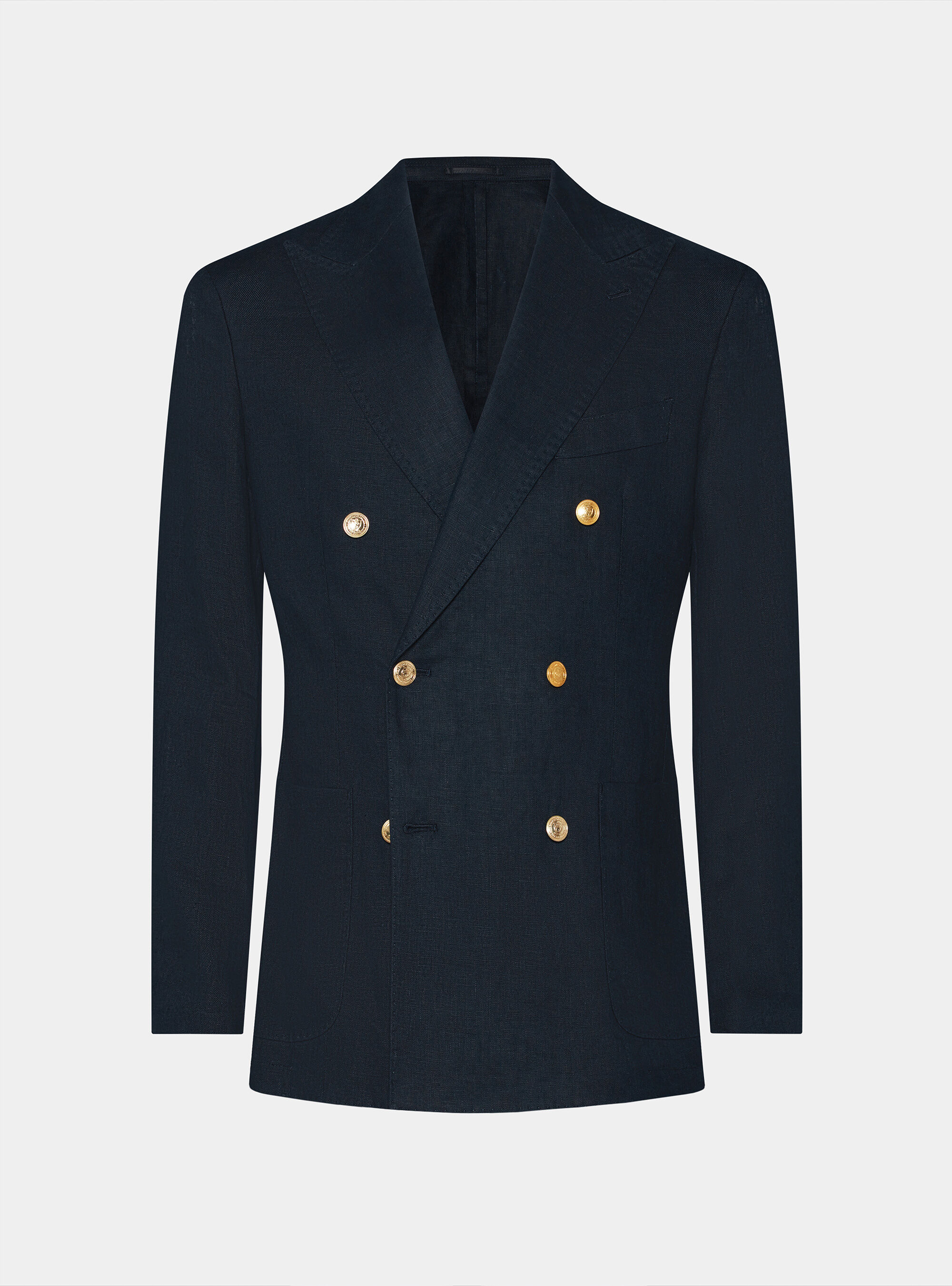Double-breasted linen blazer with metal button, NAVY BLUE