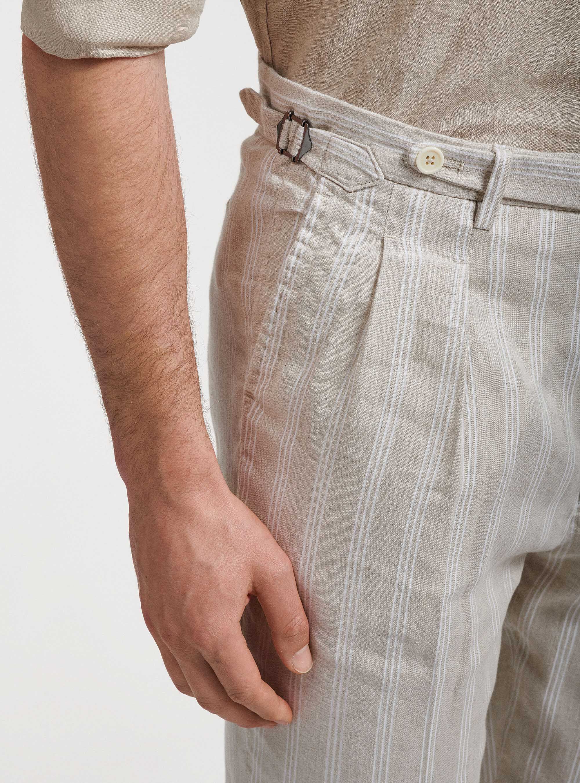 Linen and cotton double pleat trousers with strap, ECRU