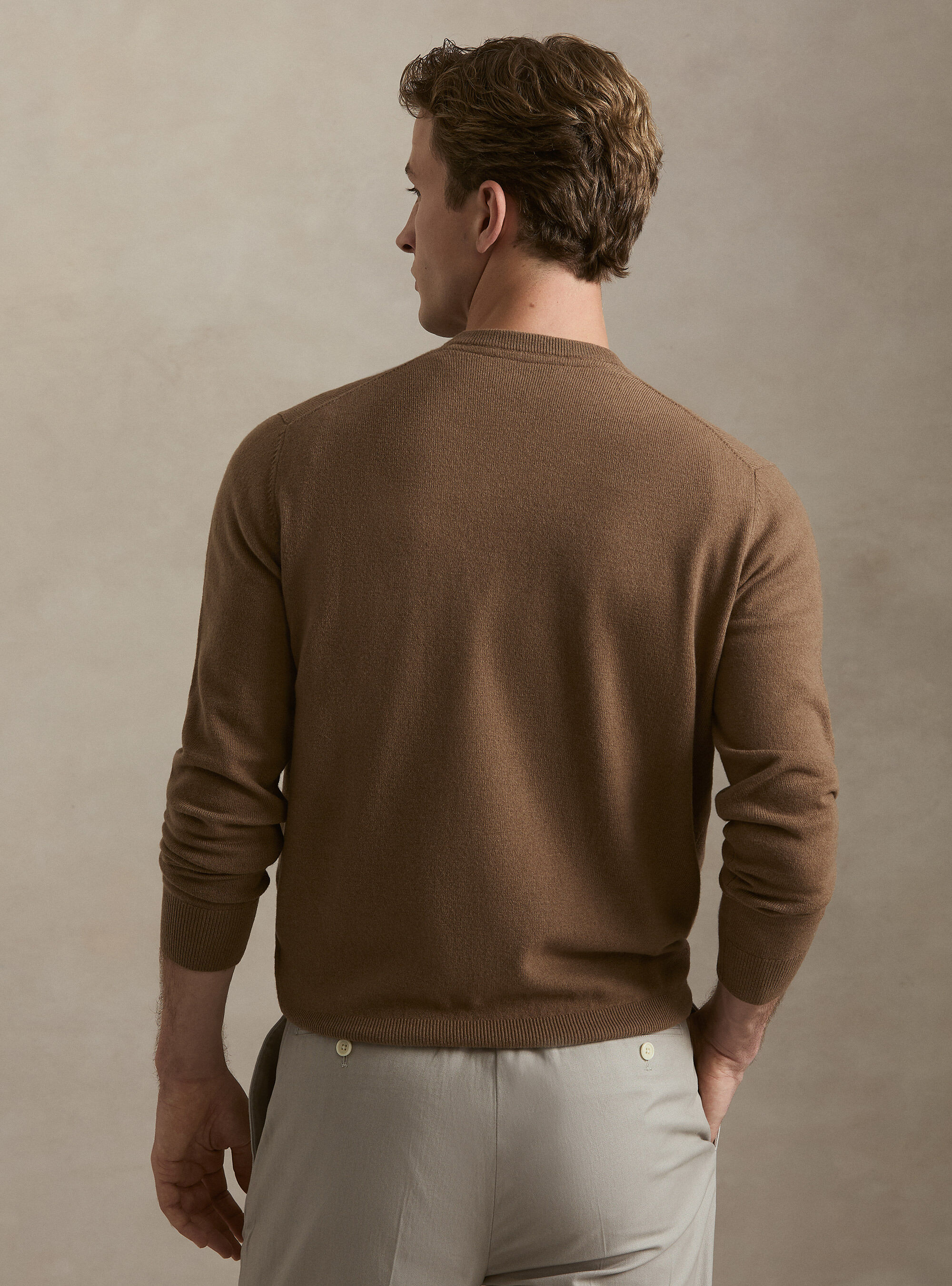 Lambswool and cashmere crewneck sweater, HAZELNUT