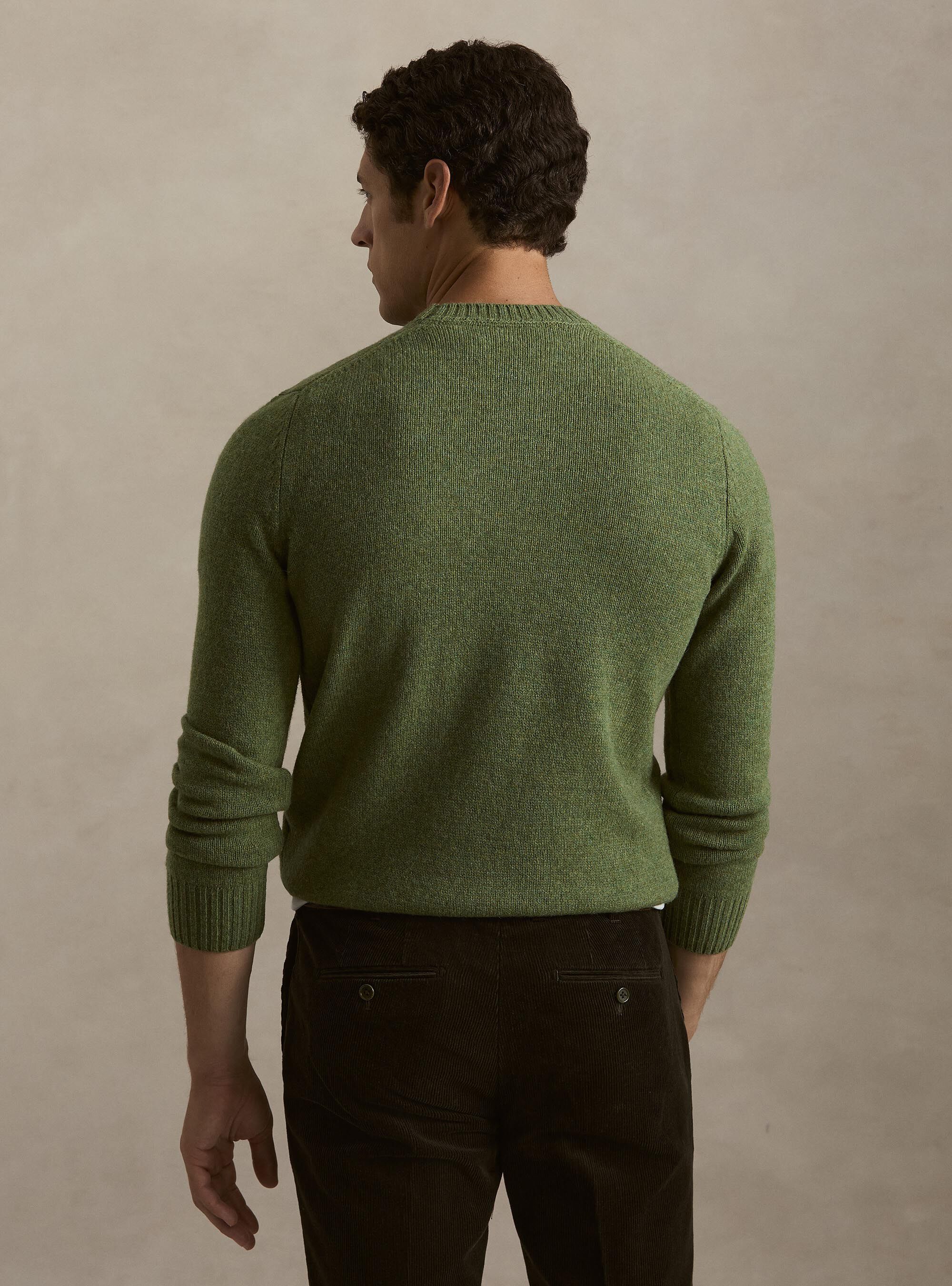 Pure Shetland wool crewneck sweater, OLIVE