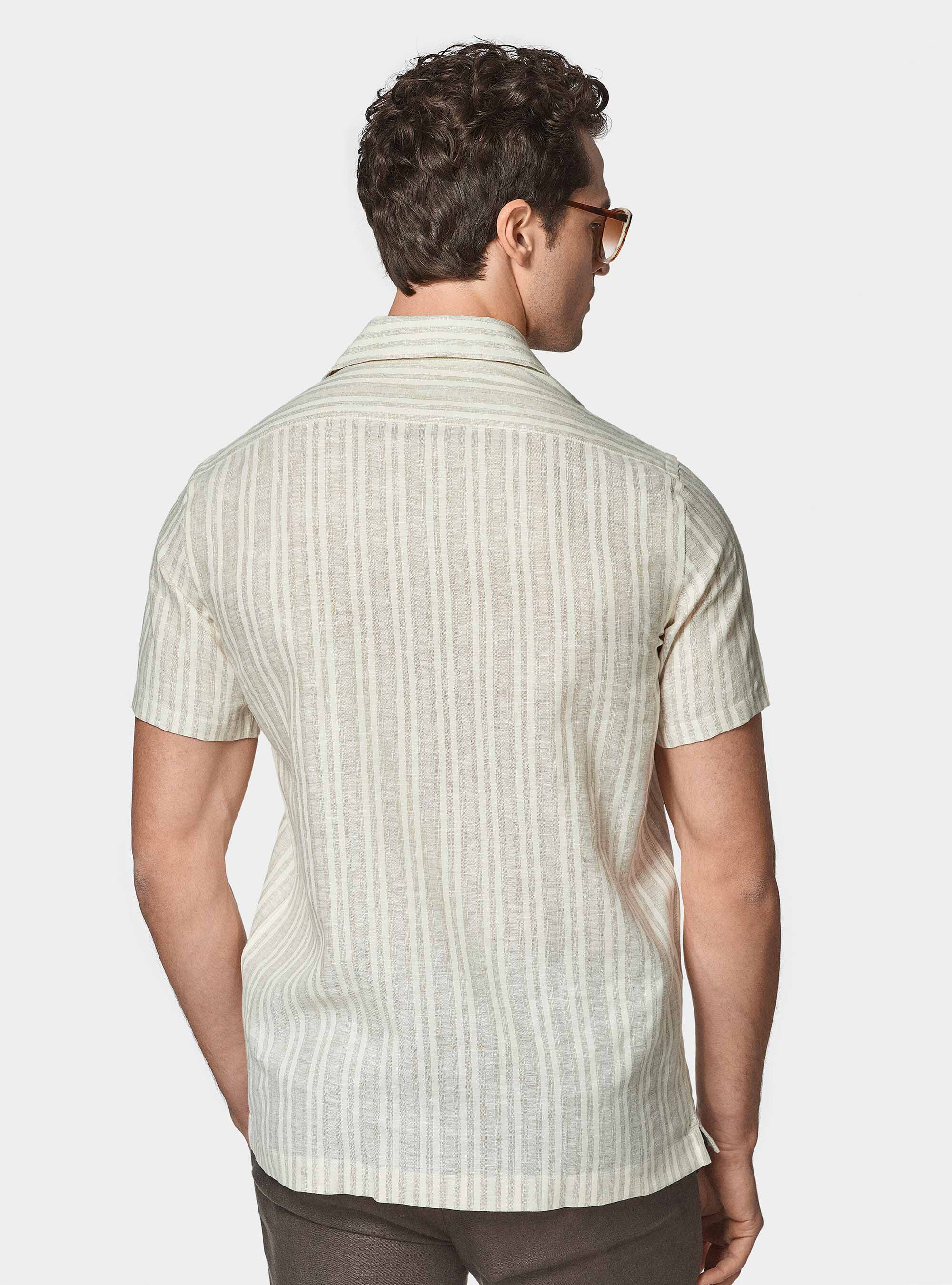 Camicia bowling in lino e cotone rigato, SABBIA