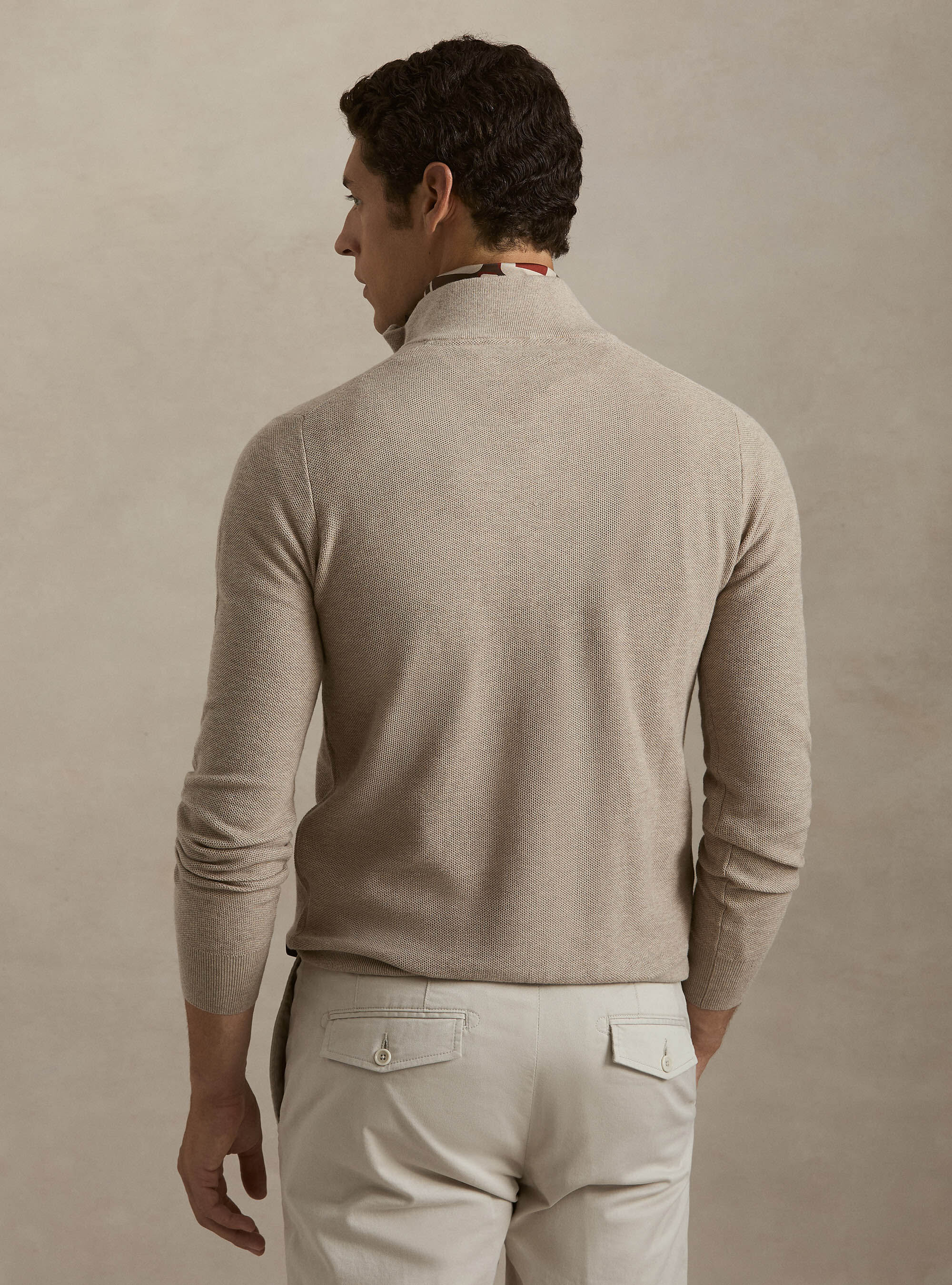 Maglia con mezza zip nido d'ape in cotone cashmere, CRUDO